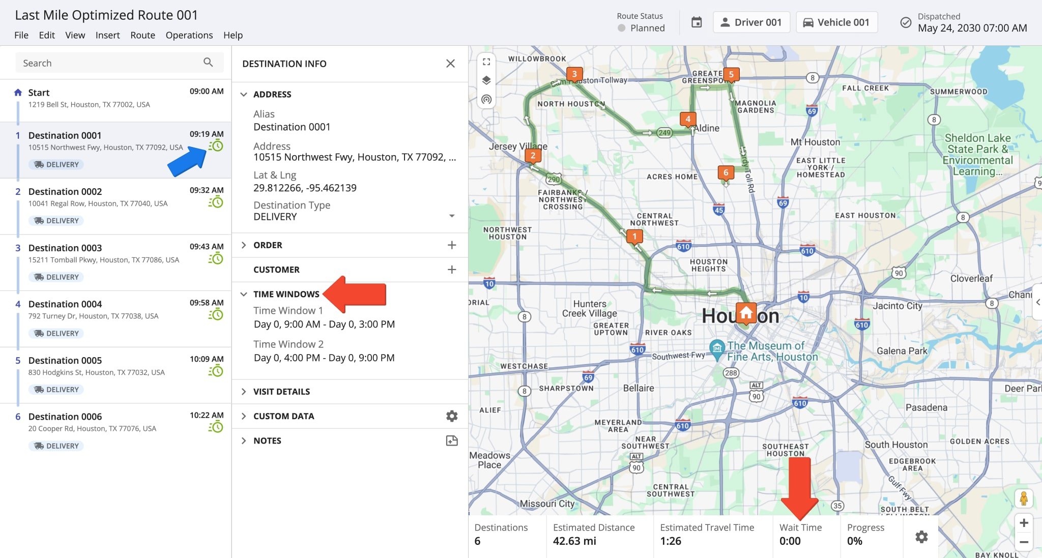 Time Windows details in the last mile route stop manifest in the Route4Me Route Editor tool.