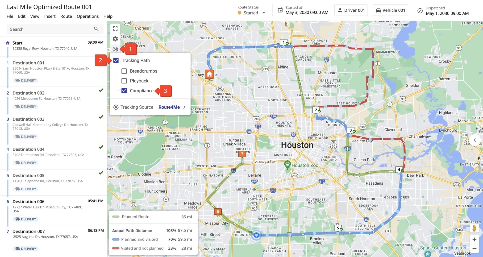 Route4Me's GPS route compliance tracking enables you to see if planned routes are followed, when and where deviations and detours occur, how much of the planned route was completed, and more.