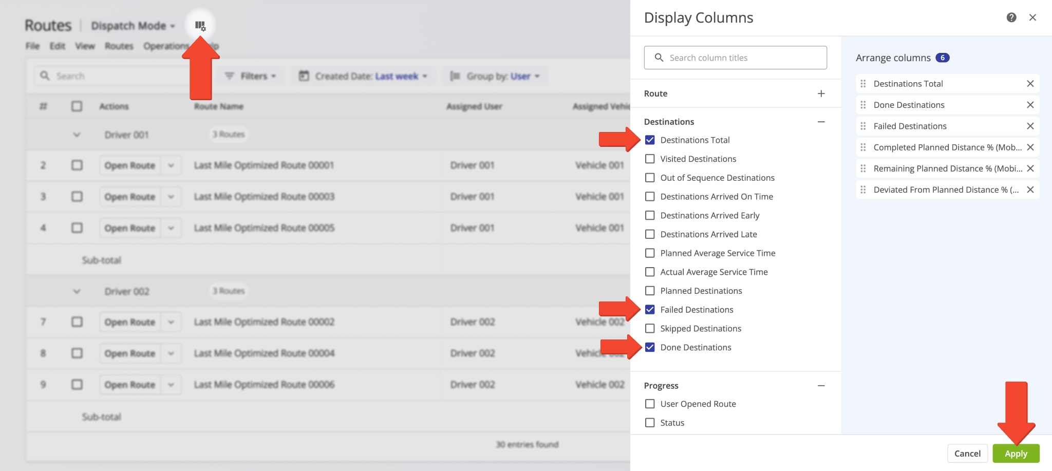 Use routes list filters, groups, and custom columns to monitor driver performance.