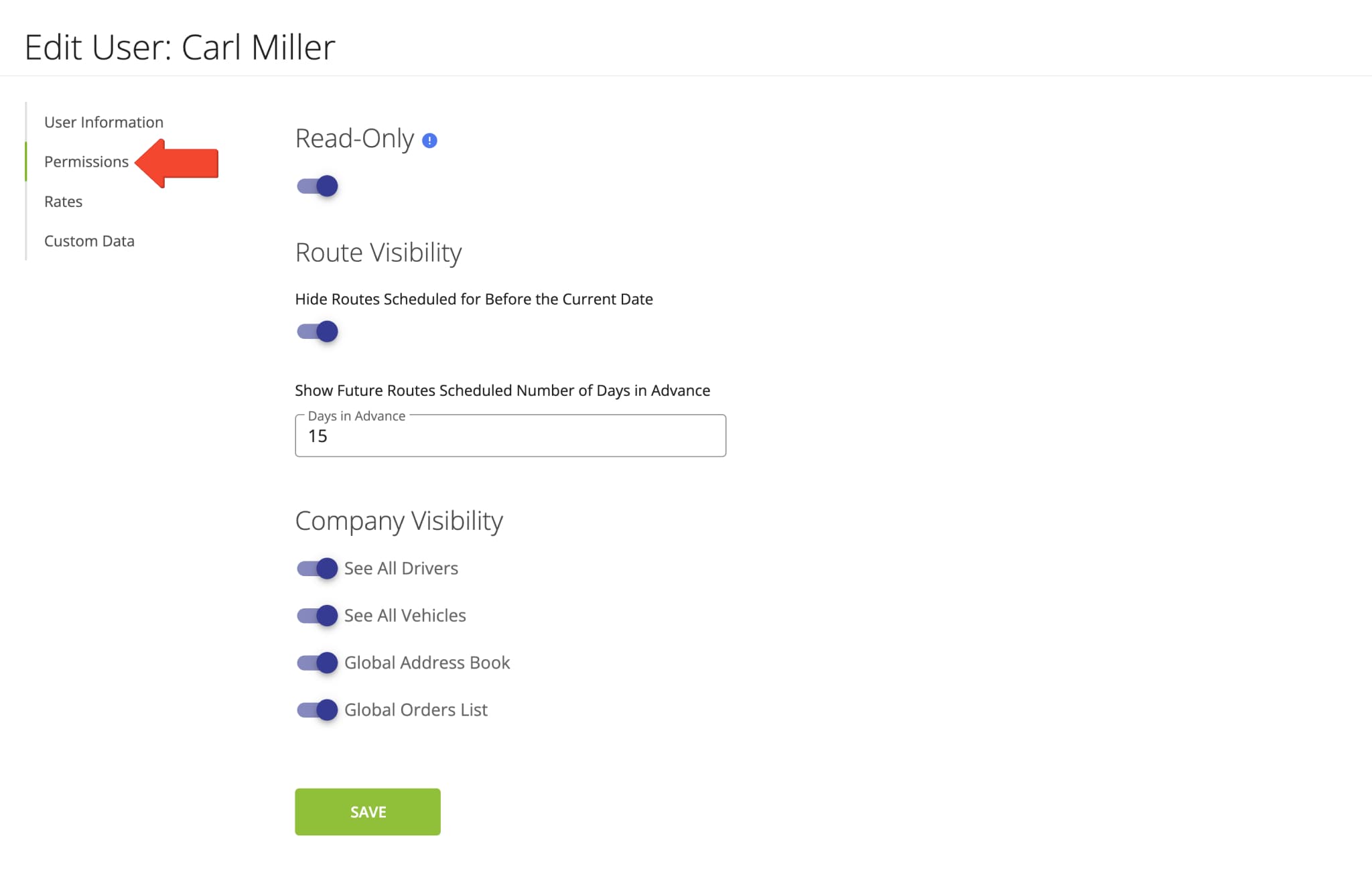 Adjust user permissions settings for drivers, route planners, dispatchers, and other team members.