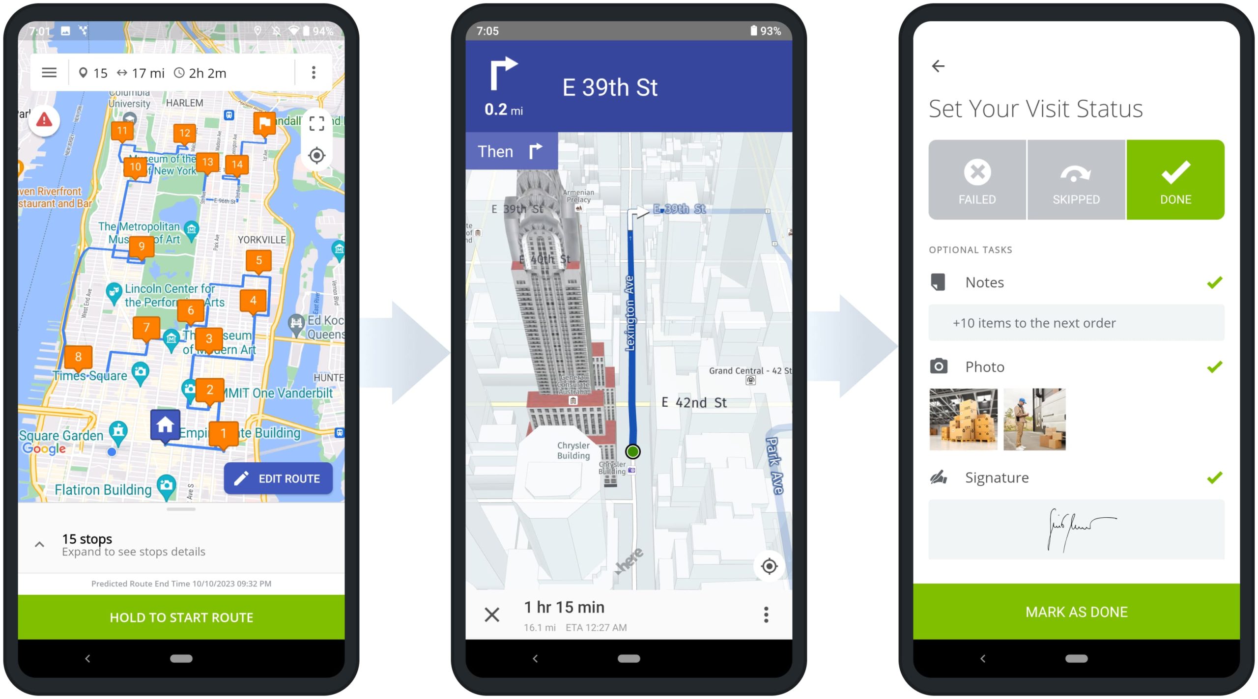 Attach proof of visit, delivery, or service offline to route stops using Android Route Planner app with no internet connection.