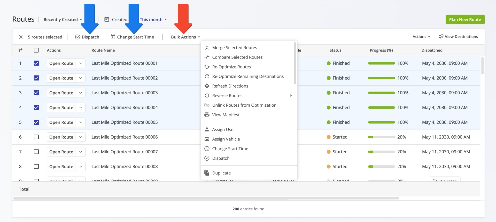 Use bulk actions to manage multiple routes at the same time from the Routes List.