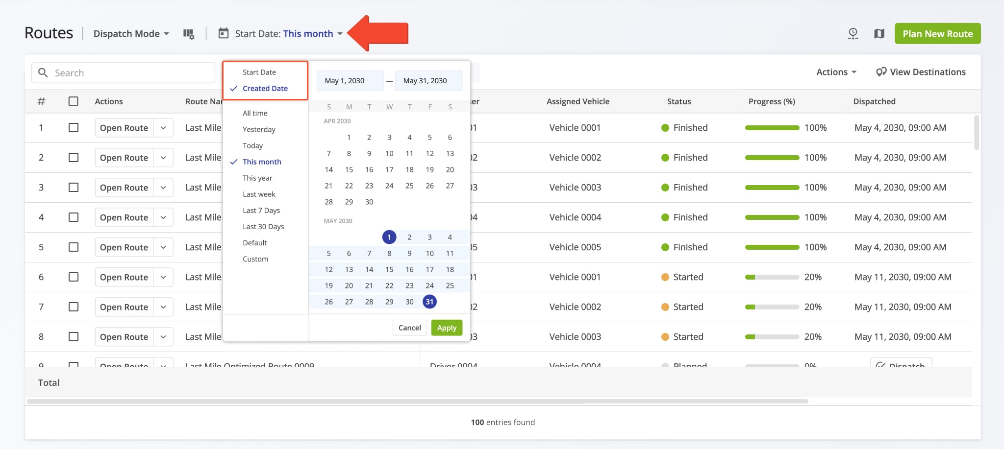 You can use Created Date, Start Date, and time frames to filter routes in Dispatch Mode and Recently Created mode.