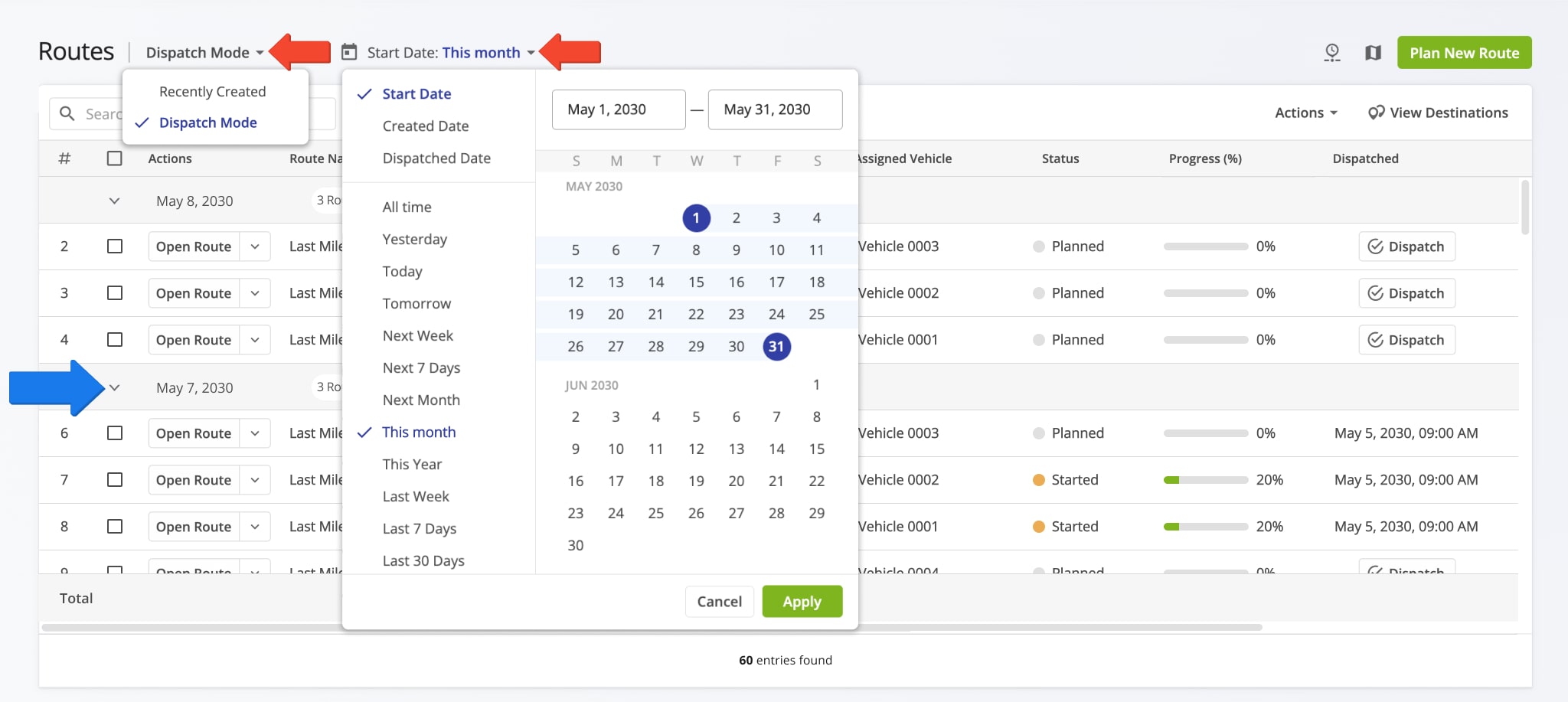 The Dispatch Mode view mode shows routes with the latest start date at the top of your Routes List and routes with the earliest start date at the bottom of the list.