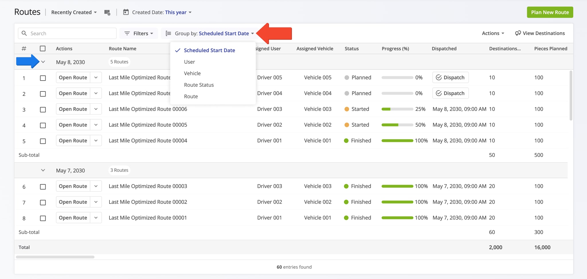 Your filtered Routes List can be refined further by grouping routes according to shared attributes or details. Group routes by driver, vehicle, scheduled start date, and route status.