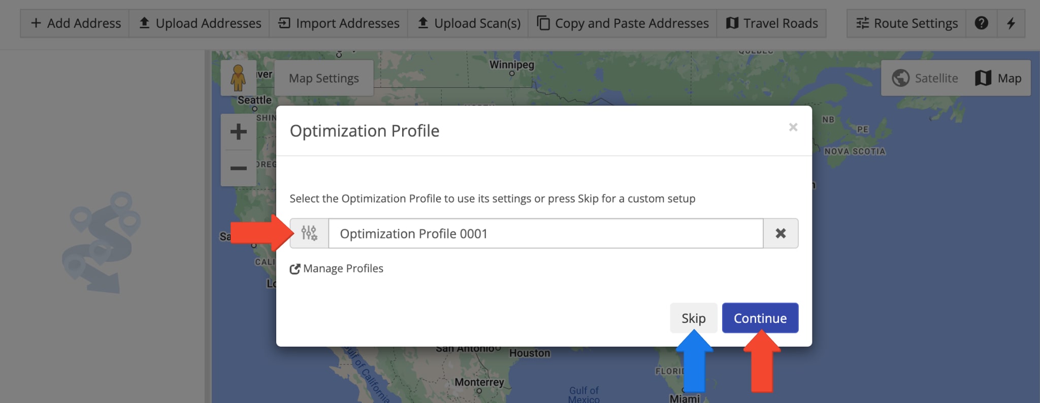 Select the preferred optimization profile for planning and optimizing routes with delivery orders.