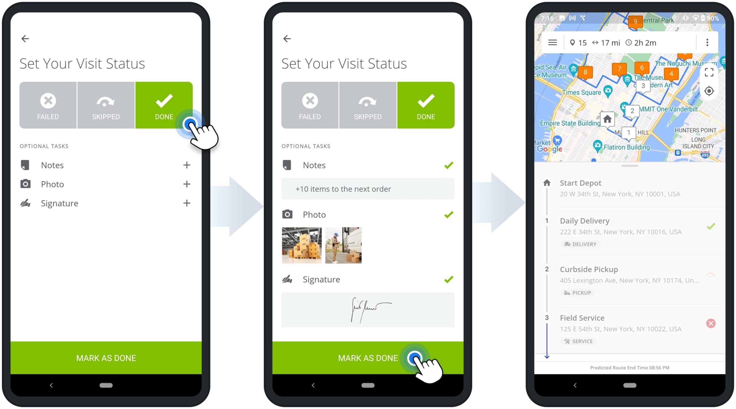 Attach proof of visit, delivery, or service to route stops on the Android Route Planner app: electronic signatures, photos, videos, and text notes.