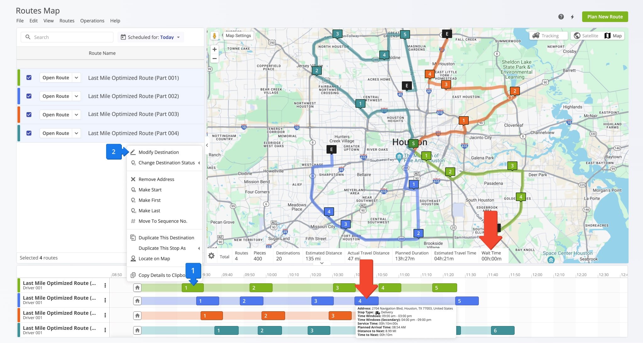 Optimized last mile routes with Customer Time Windows and minimized wait time between route stops.