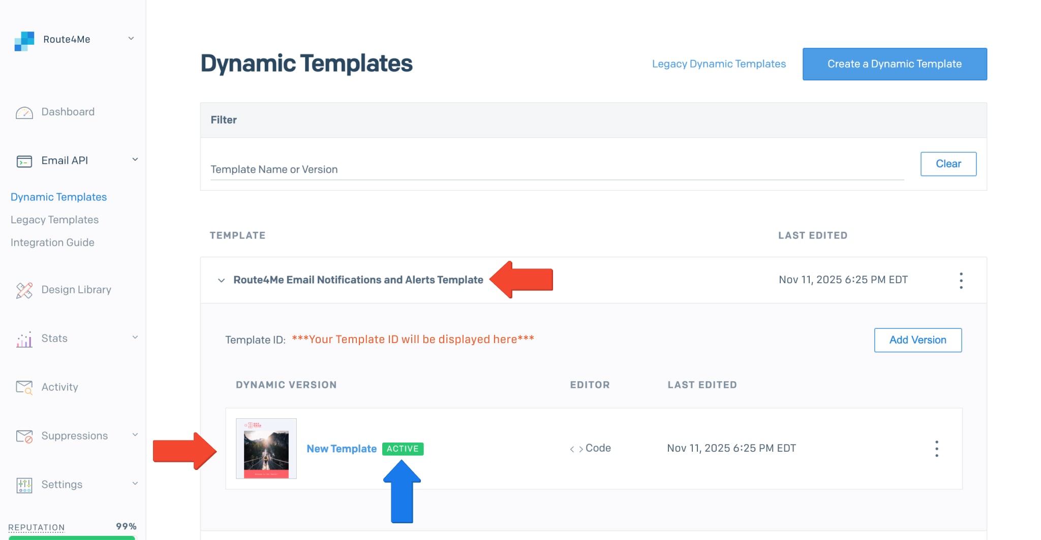 To manage the saved custom SendGrid email template, click on its version in the Templates List.