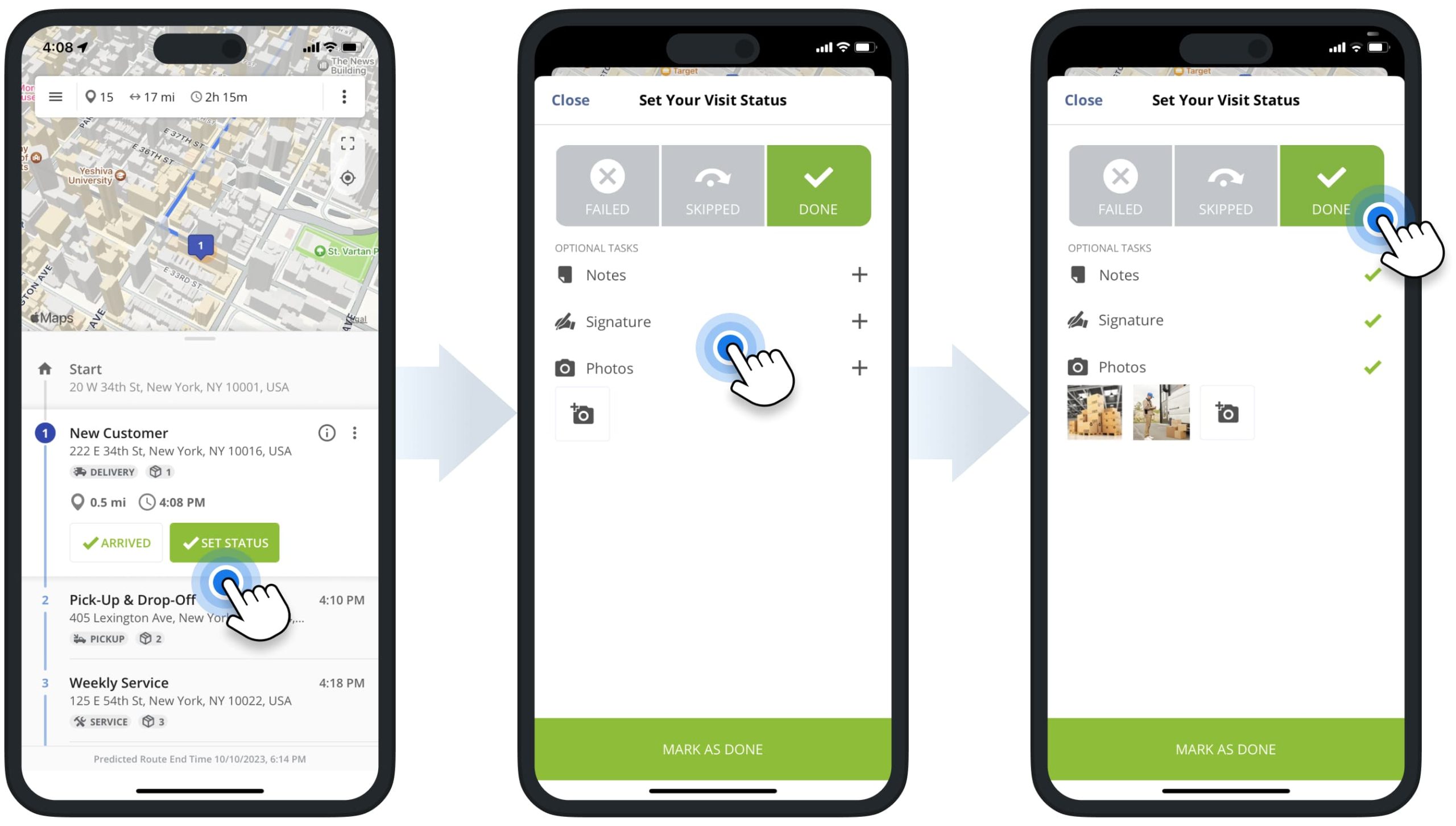 Attaching such proof of visit, delivery, or service to route stops as electronic signatures, photos, and text notes on the iPhone Route Planner app.