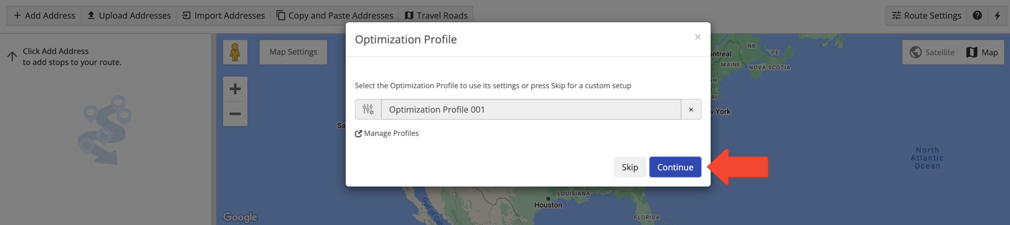 Select the preferred optimization profile for planning and optimizing routes with delivery orders.