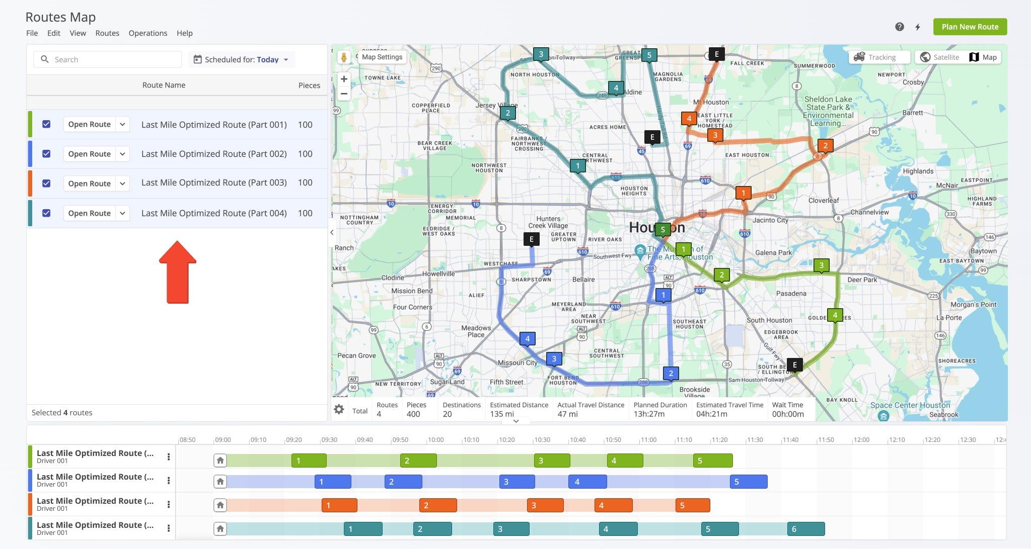 Optimized routes inherit the Route Name and are scheduled for the Start Time specified in the Optimization Profile and have the corresponding user and vehicle assigned to them.