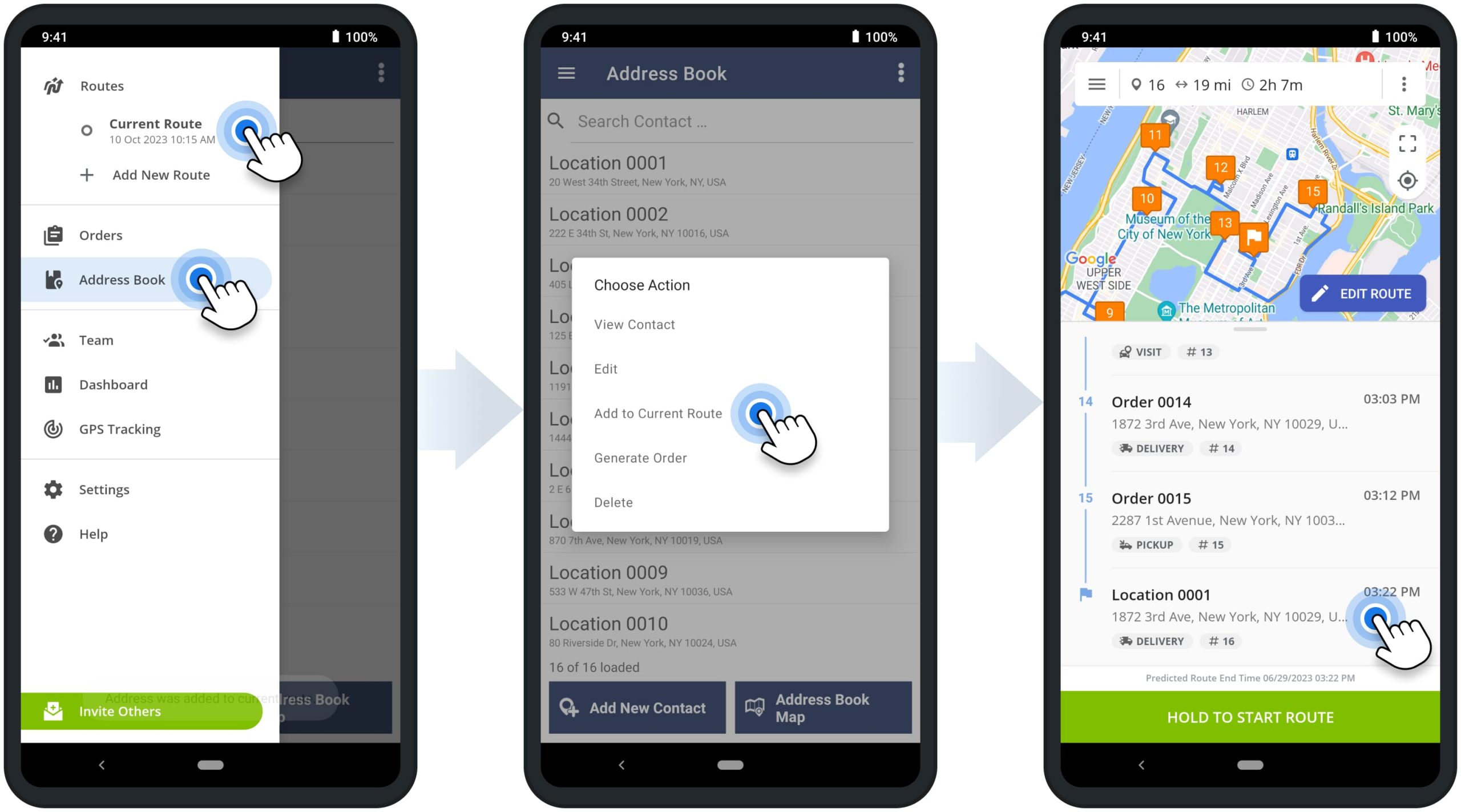 Insert addresses into the current route from the Address Book on Route4Me's Android Route Optimization app.