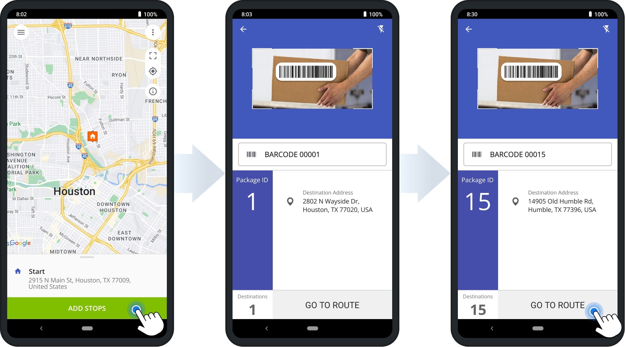 Using Route4Me's route barcode scanner to scan barcodes on packages and add stop addresses to the delivery route.