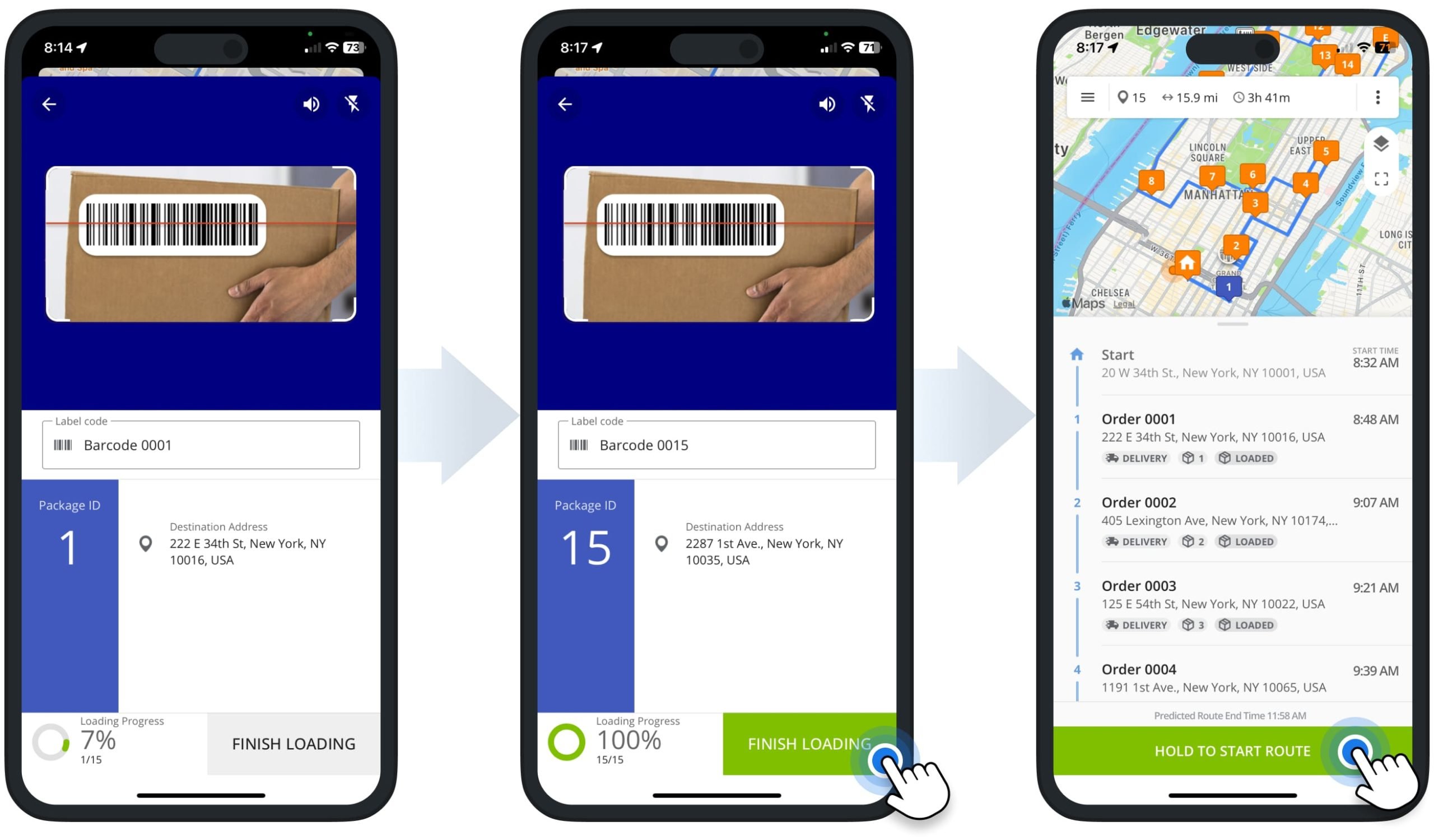 After routing, you can use the same Route4Me App to scan and confirm orders with the in-app barcode label scanner, navigate routes, unload orders, and collect proof of delivery or service.