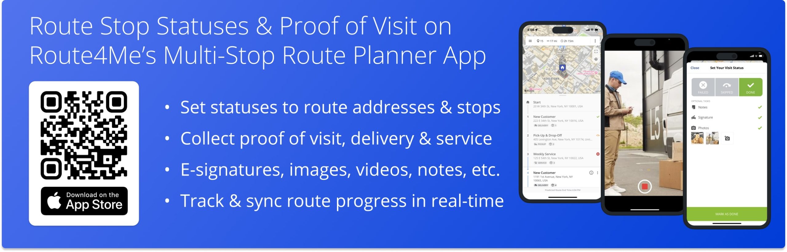 Set route stop statuses and attach electronic proof of visit, delivery, or service to route stops on Route4Me's Android route planner app.