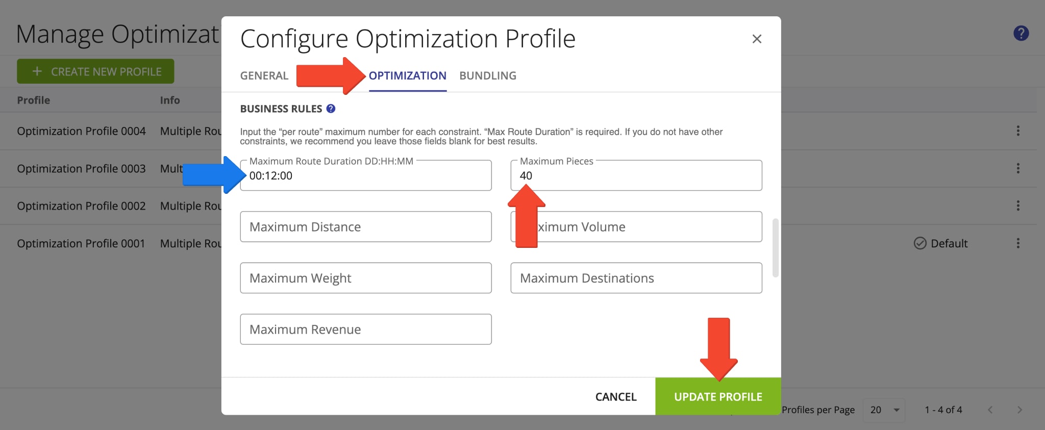 Add your preferred maximum route pieces in Optimization Profiles to optimize multiple routes from one set of addresses.
