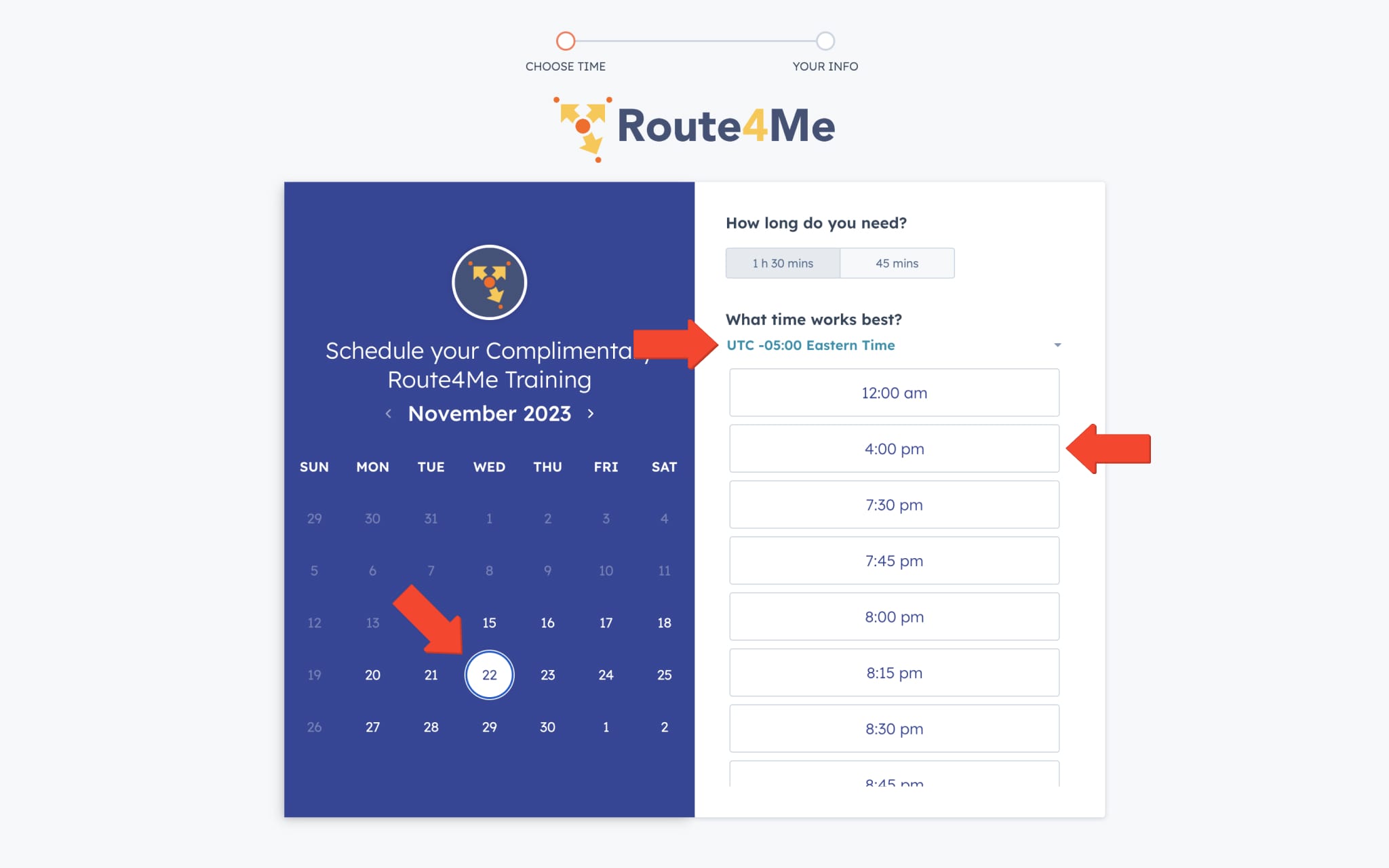 Select the preferred time zone, time, and date for your Route4Me Last Mile Optimization Software Onboarding and Training.