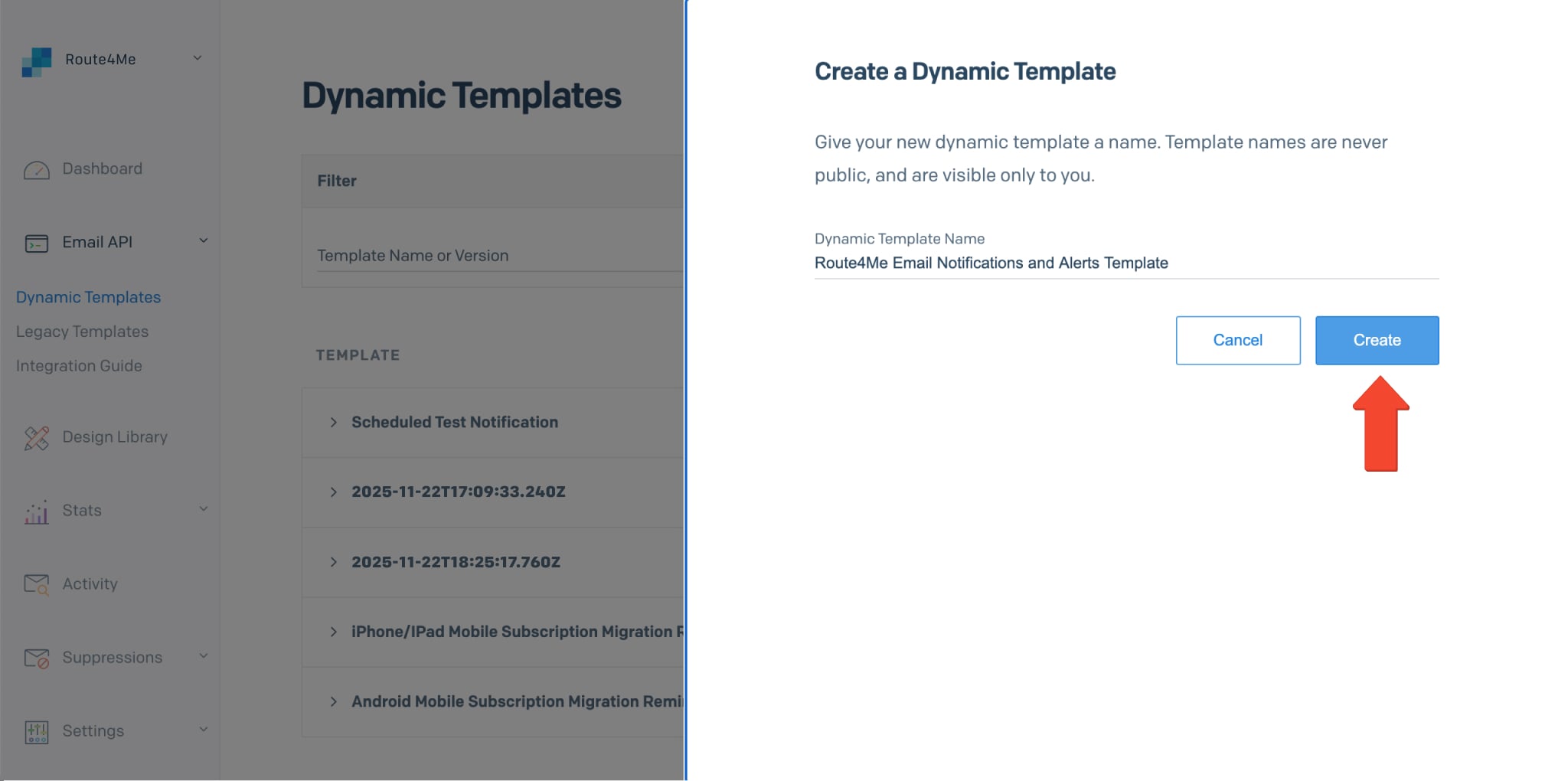 Name your Dynamic SendGrid Email Template and then proceed to create a new template.