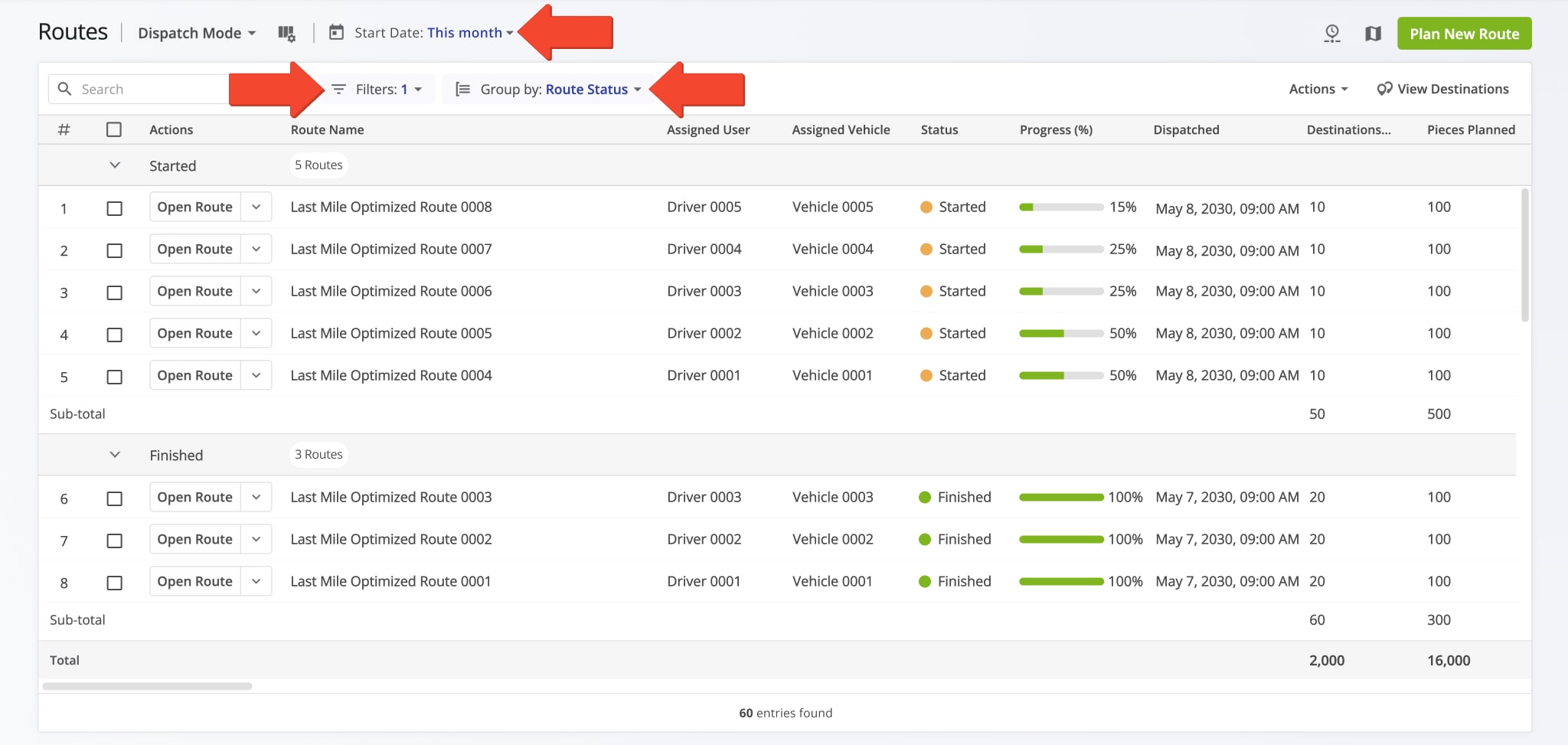 Use routes list filters, groups, and custom columns to track route progress for any date range, route status, and more.