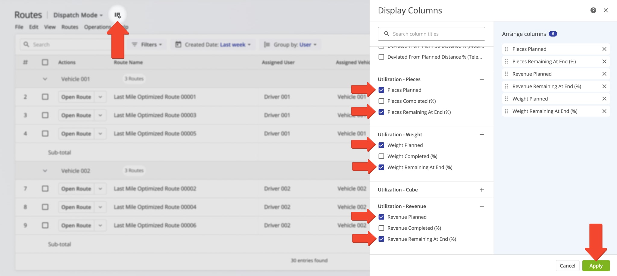 Use routes list filters, groups, and custom columns to track vehicle utilization.