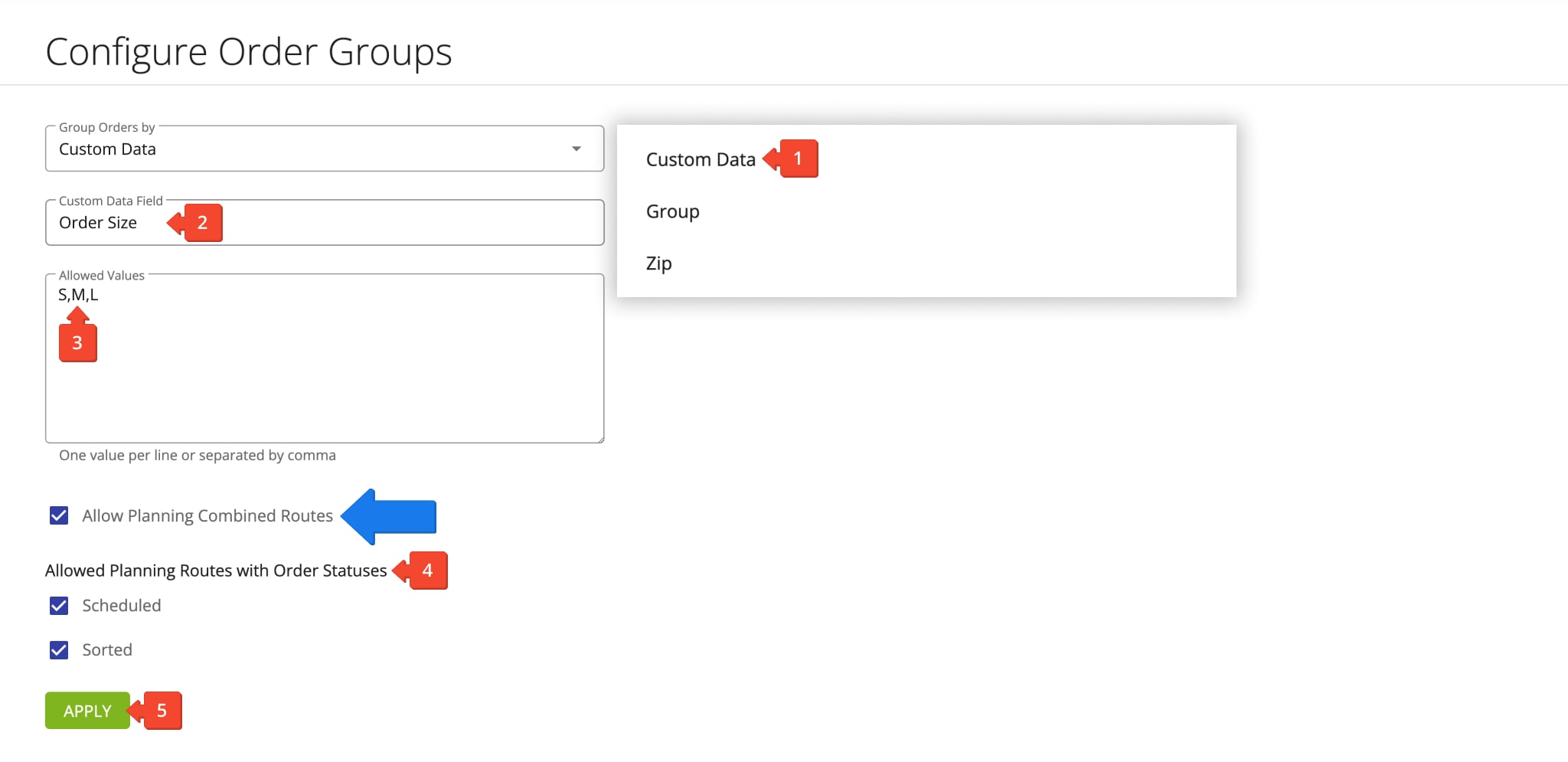 Group orders by Custom Data values to create custom Order Groups for recurring route planning.