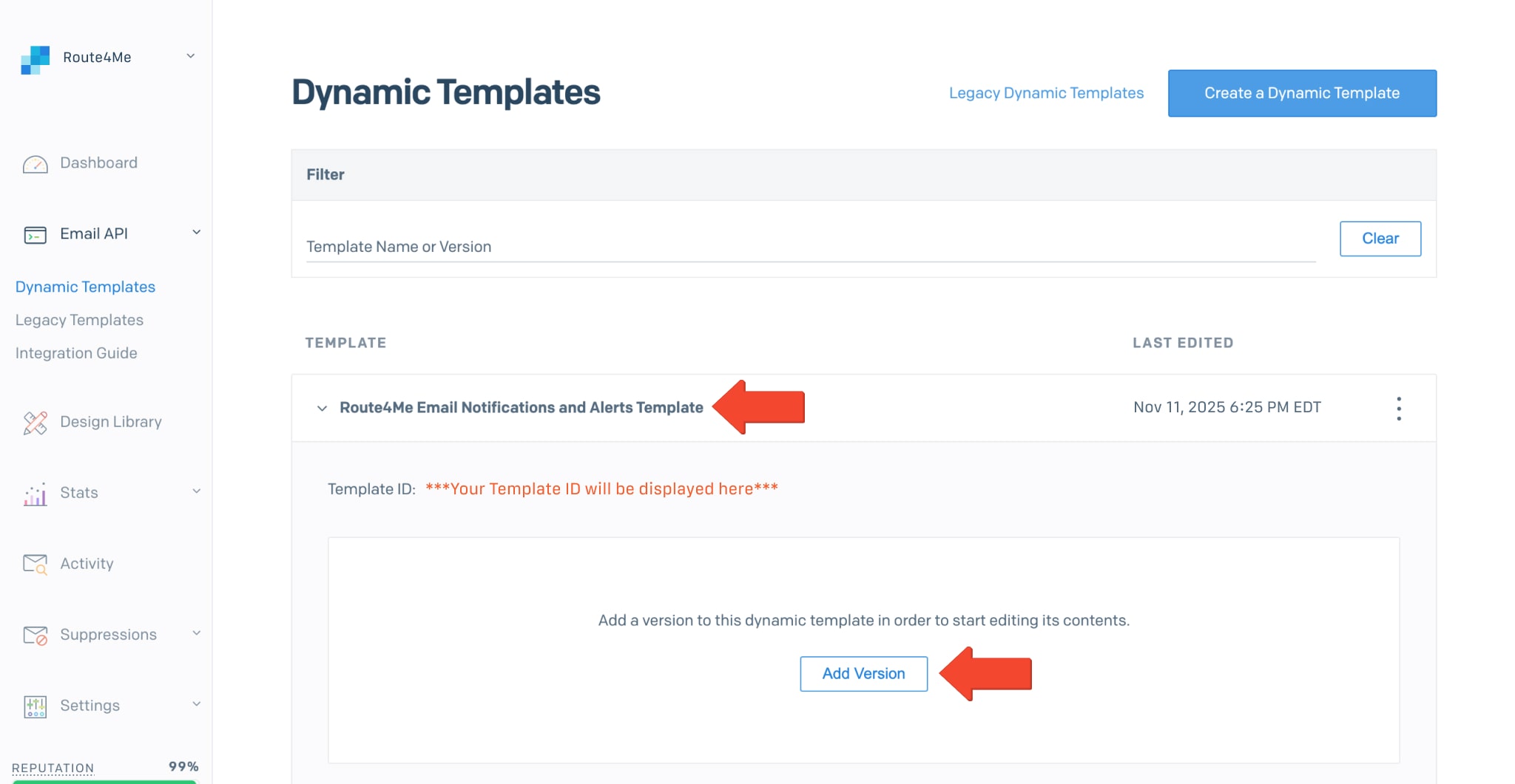 You can have multiple versions of a given Dynamic SendGrid Template and use only the active one.
