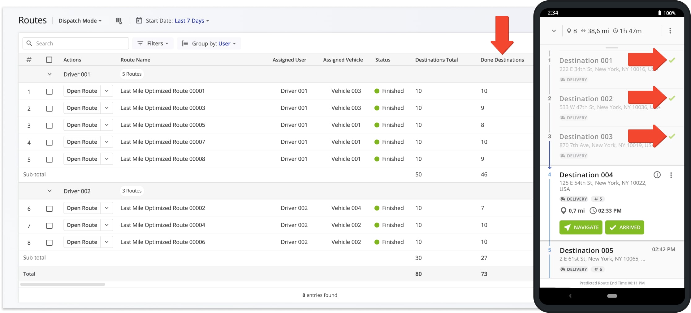 Route4Me seamlessly synchronizes updates between the Mobile Driver App and Web Software. Any time a driver or field employee makes a change on the road, this is automatically synchronized with the Web Software in real-time.