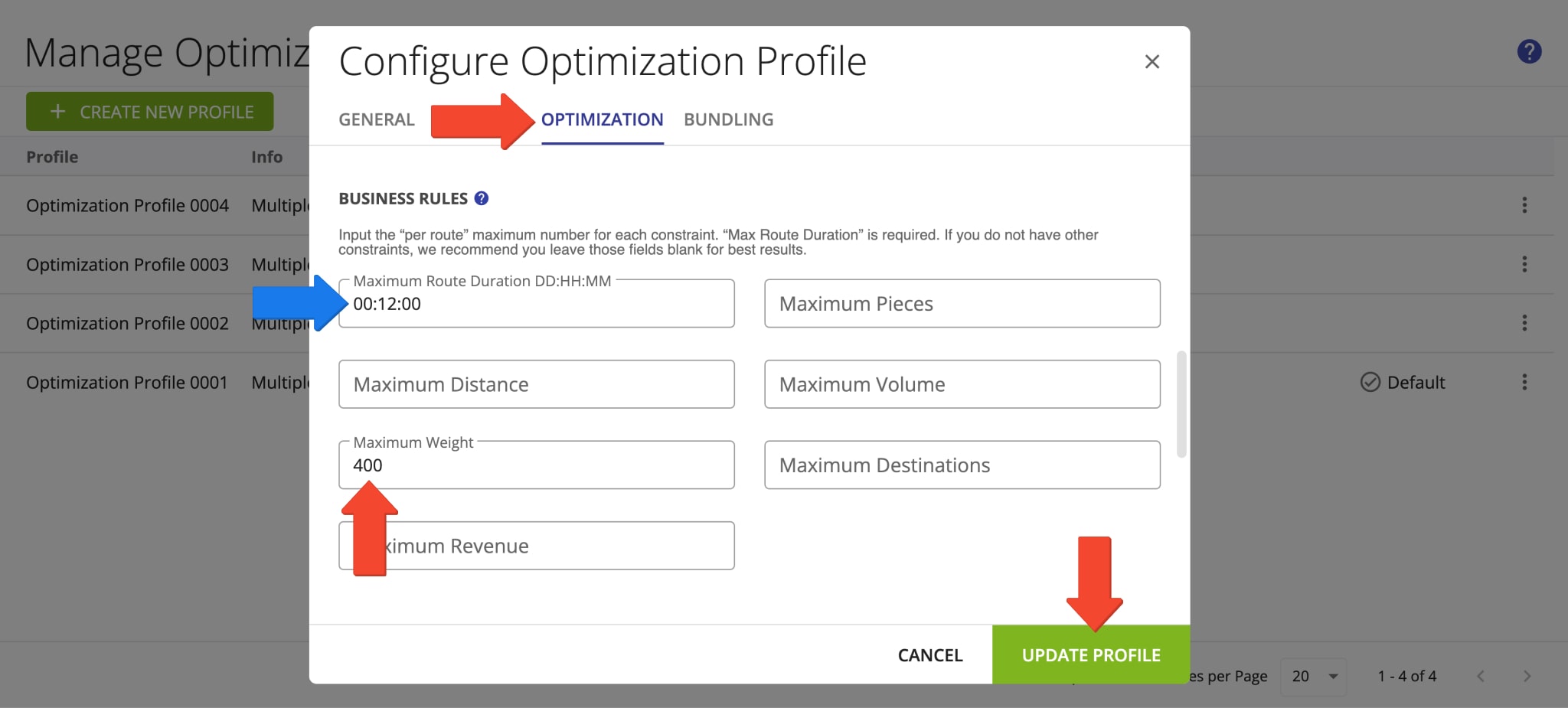 Add your preferred maximum route weight in Optimization Profiles to optimize multiple routes from one set of addresses.