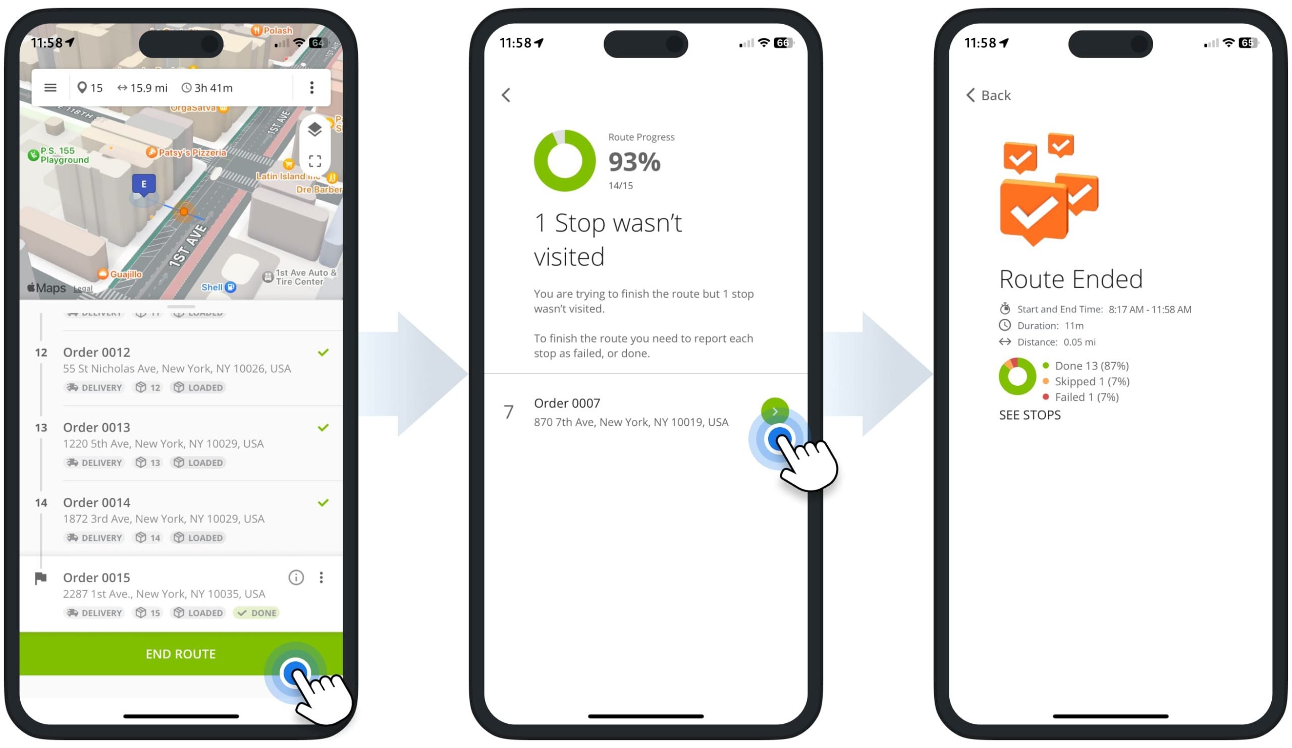 Once a driver starts the route, they can use the app to seamlessly navigate to customer destinations and can visit customers, collect proof of visit, and unload and complete orders.