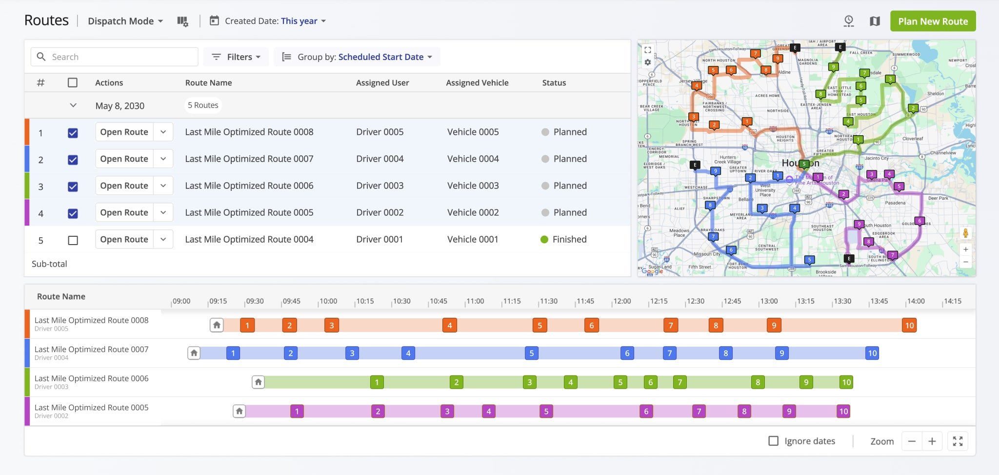 Visualize routes using the Routes Page Map and Timeline.