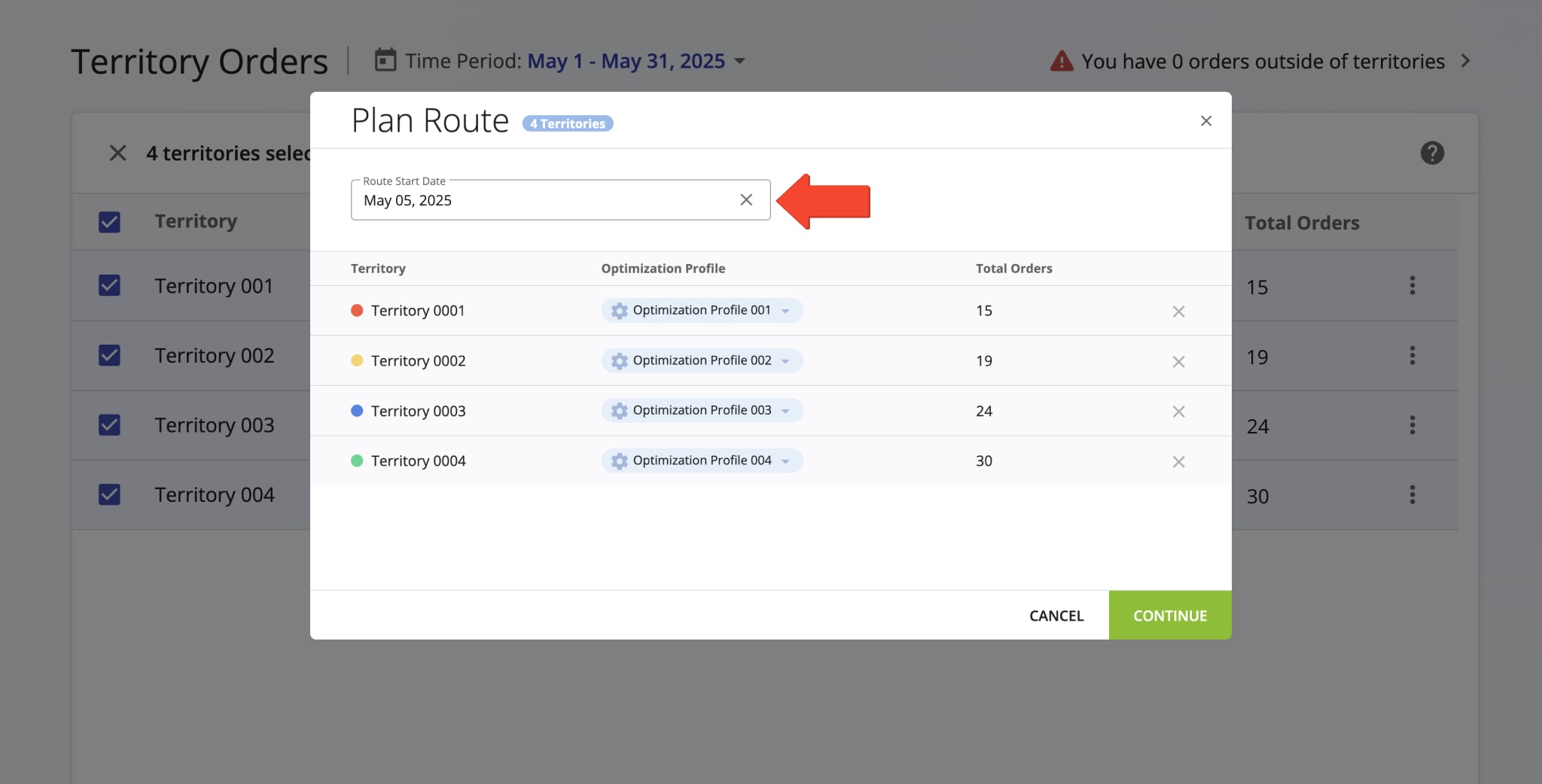 Schedule, plan, and optimize separate routes using the orders within each selected order territory.
