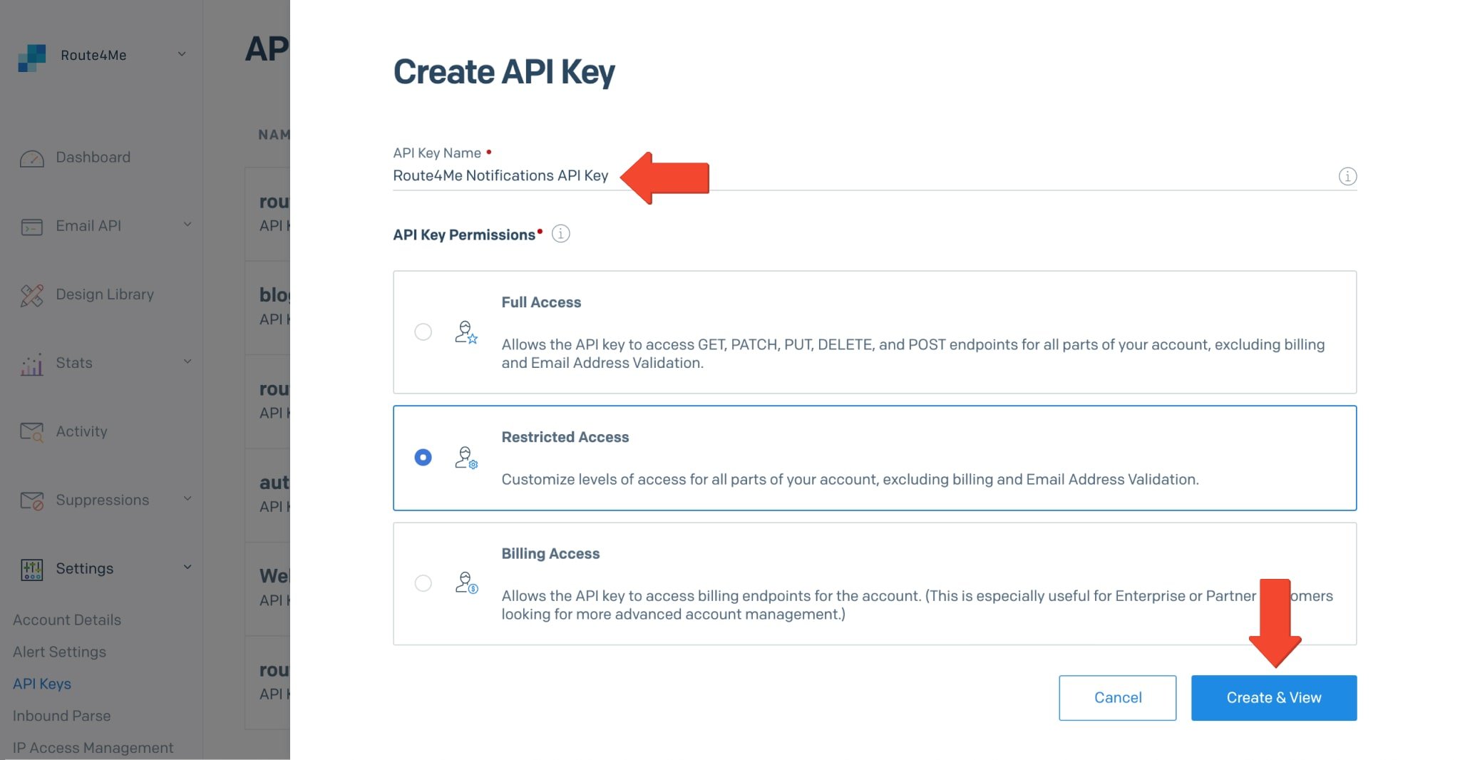 Create a new SendGrid API key with specific restrictions for your Route4Me Notifications Module.