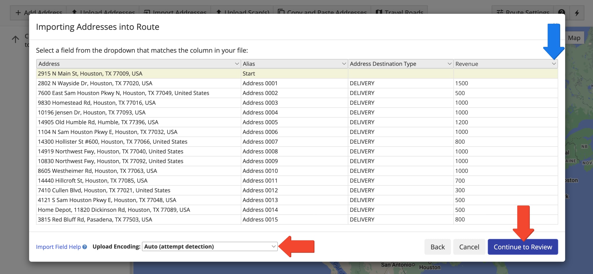 Verify imported Max Revenue address spreadsheet data before adding addresses to routes.