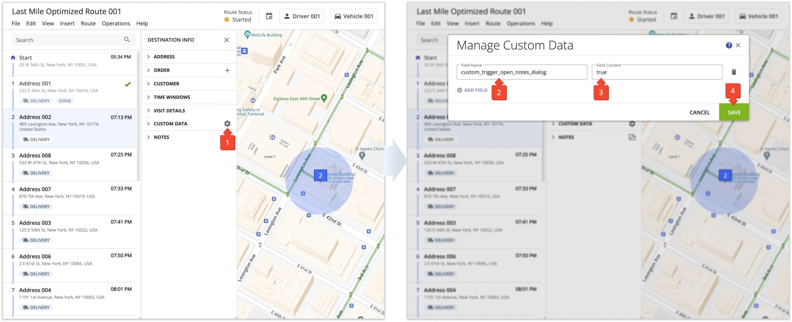 When a route is planned, you can still enable automatic driver geofence-triggered notifications to add notes by adding the corresponding value as custom data to each destination.