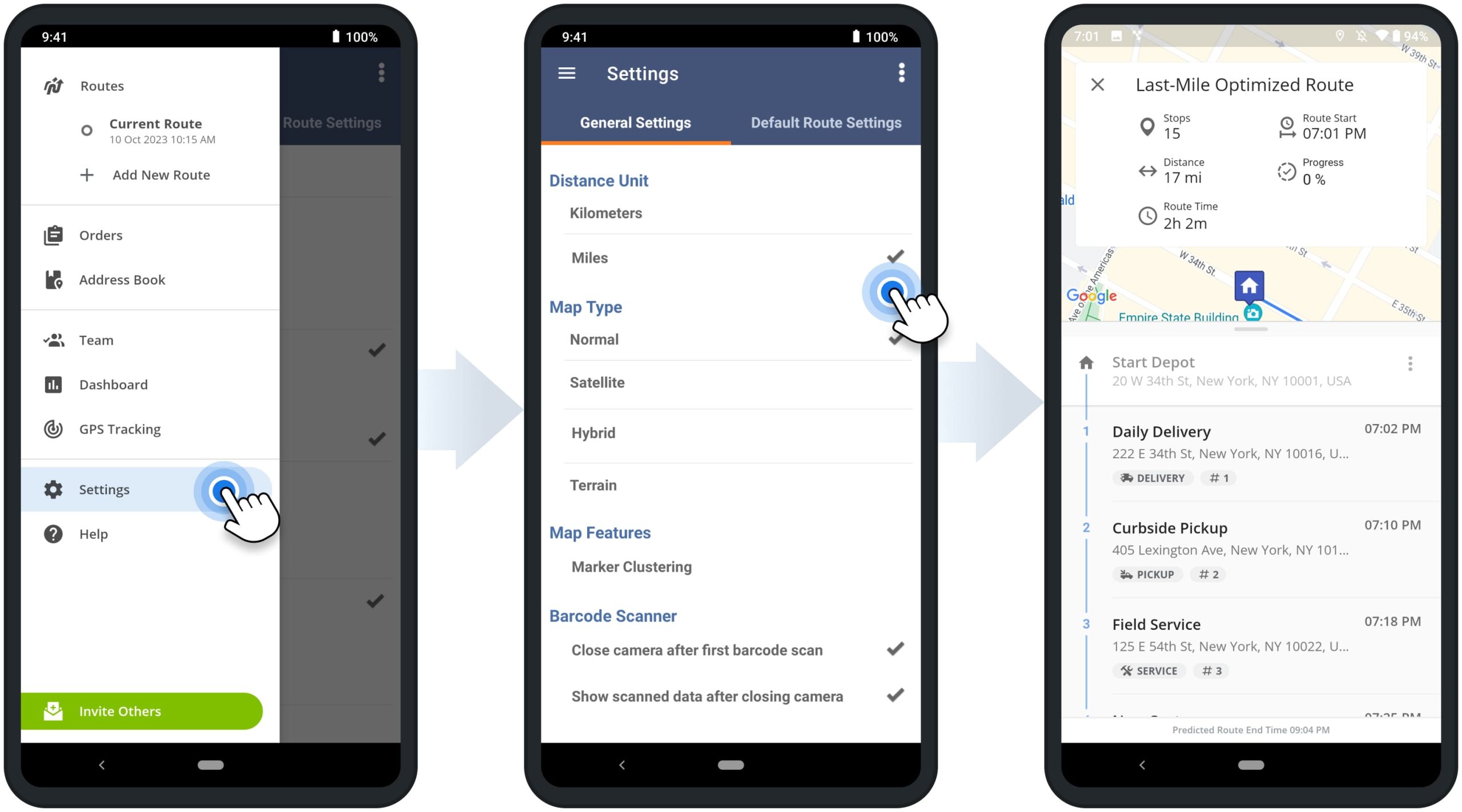 Distance units settings for miles and kilometers on Route4Me's Android Route Planner app.