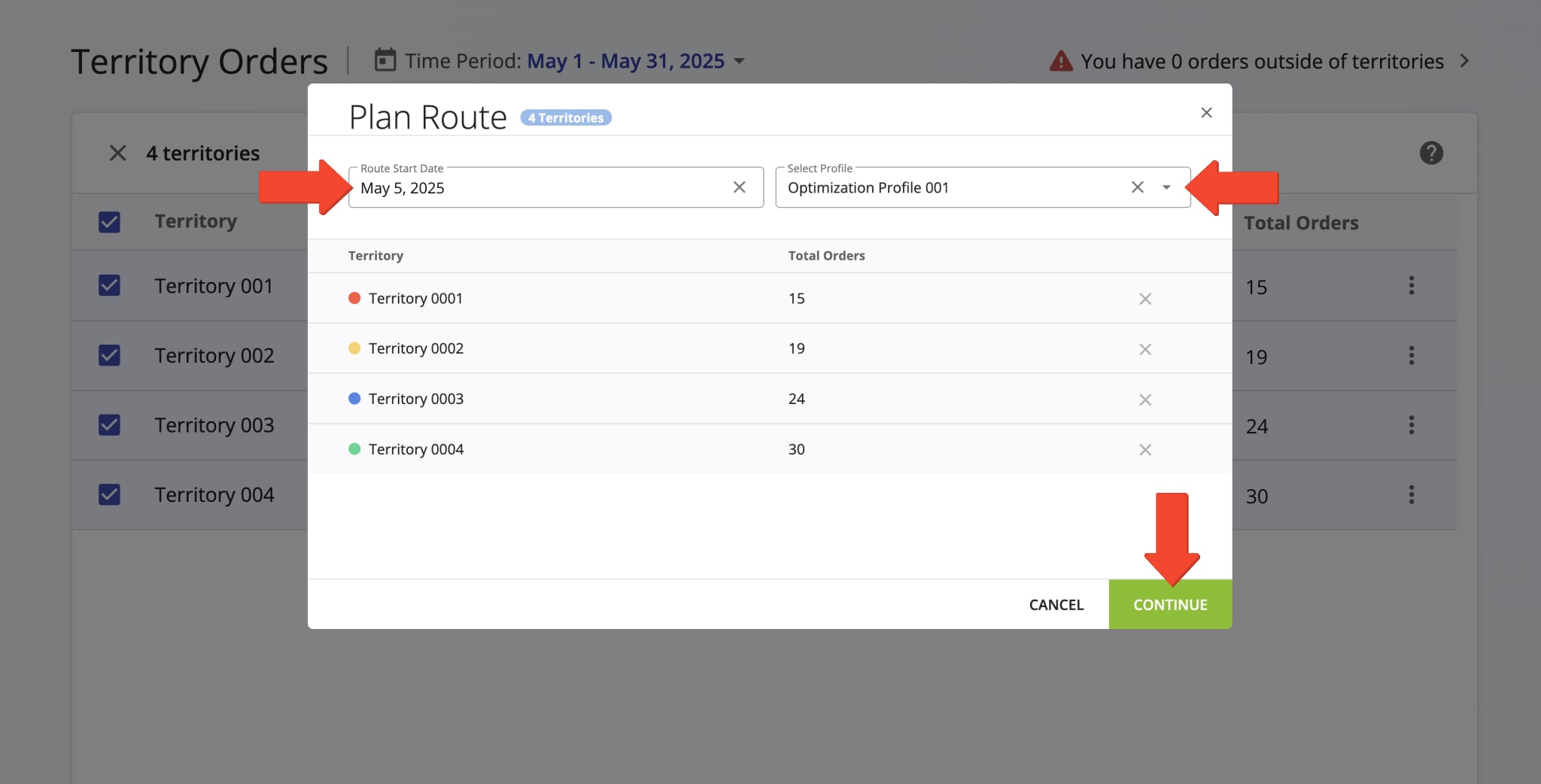 Schedule, plan, and optimize separate routes using the orders within each selected order territory.