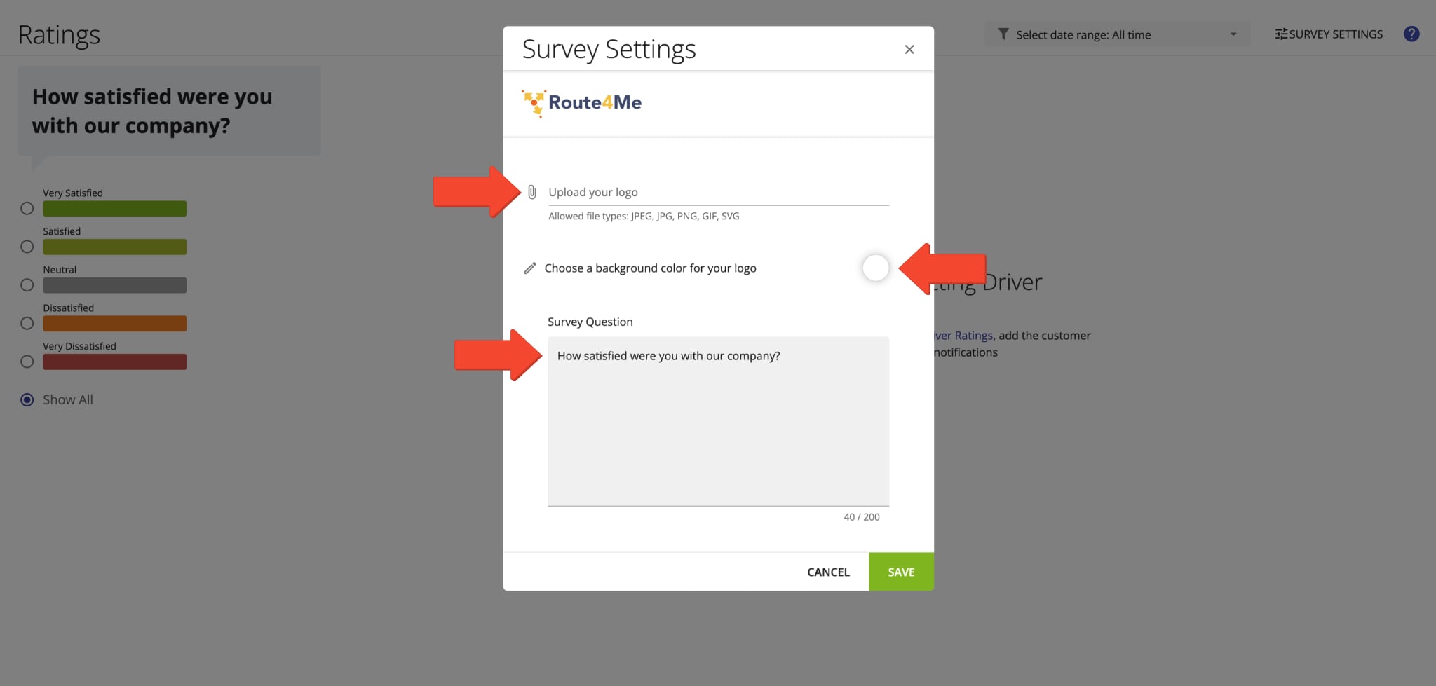 Customize customer survey page by adding your company logo, survey text, and background color.