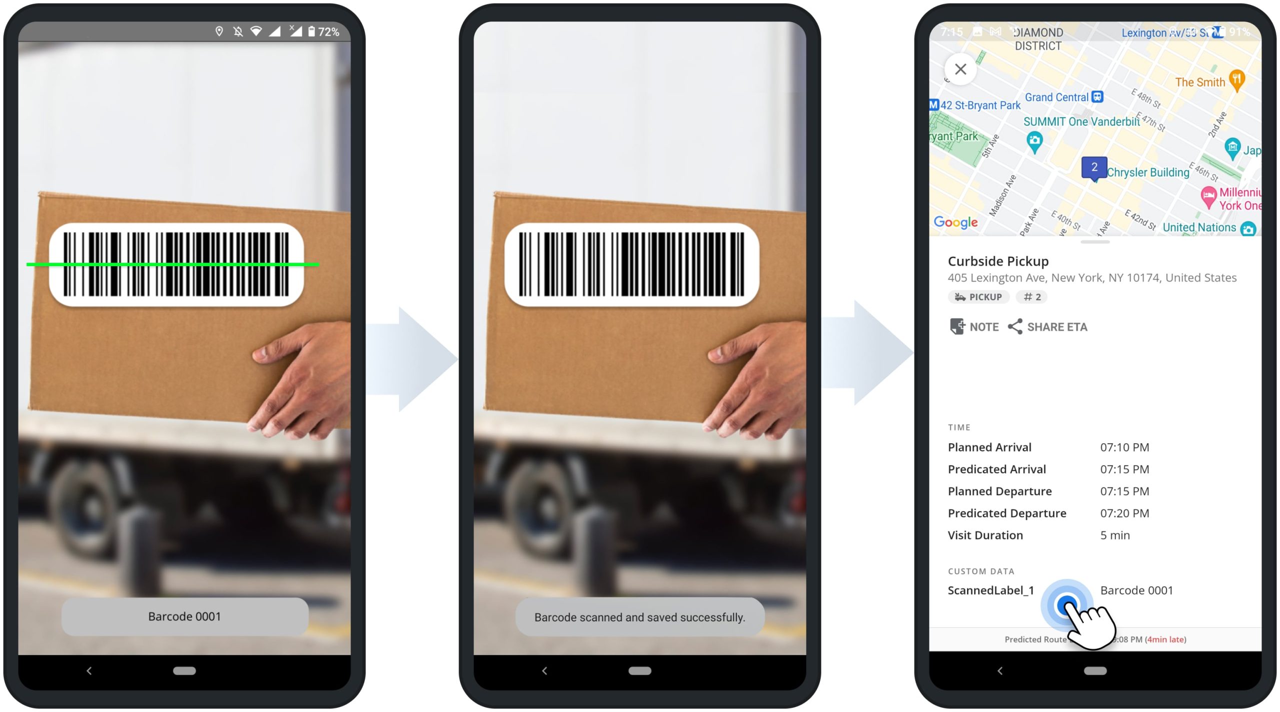 Scanning barcodes using Route4Me's Android Route Planner app-integrated barcode scanner.