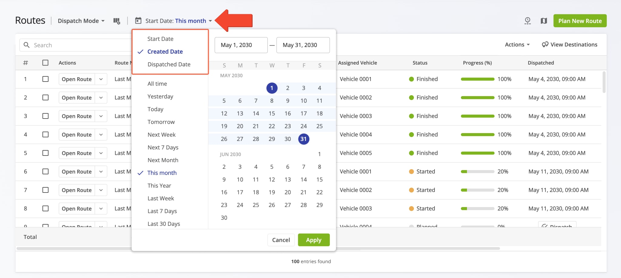 You can use Created Date, Start Date, and time frames to filter routes in Dispatch Mode and Recently Created mode.