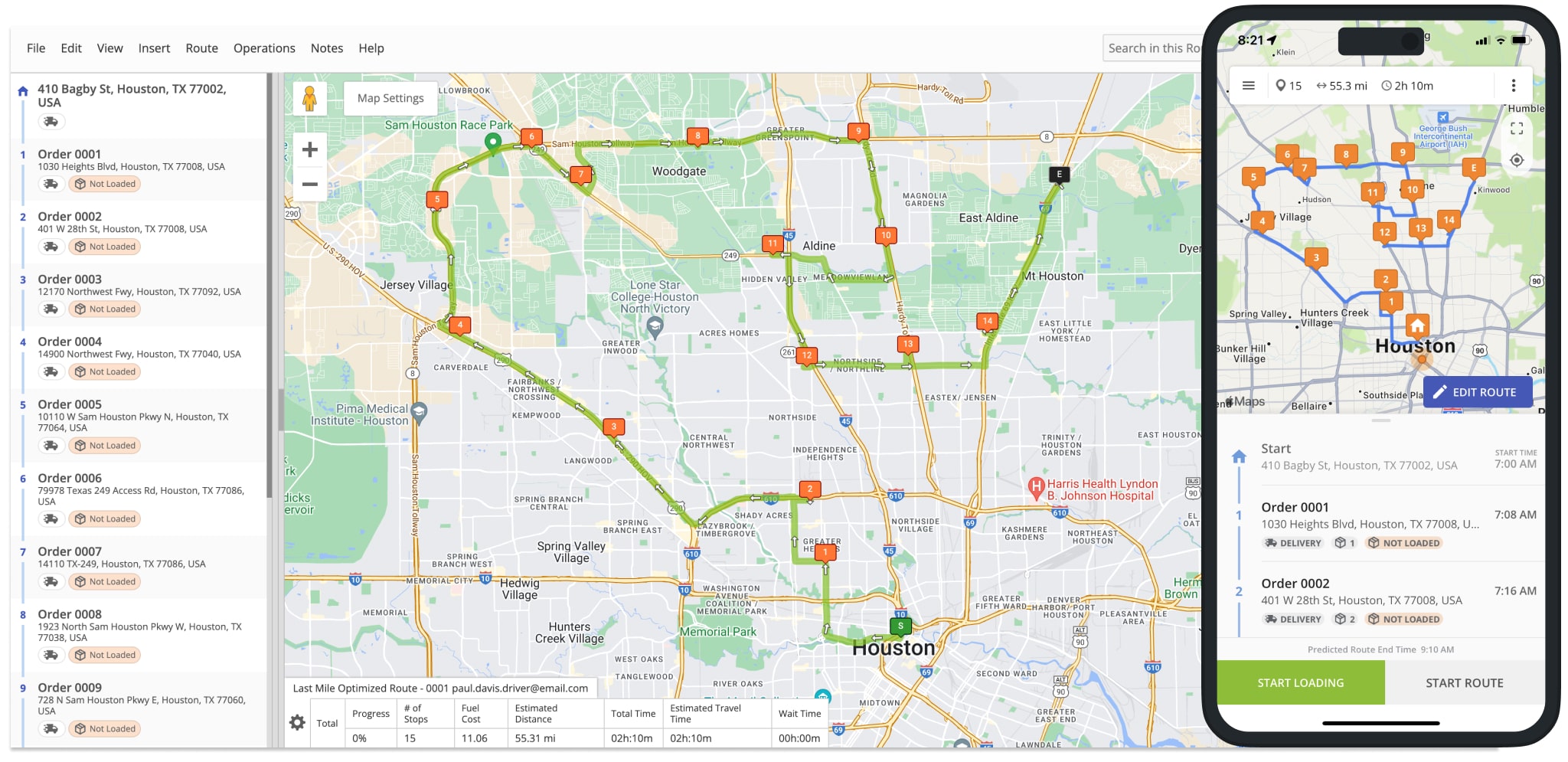Dispatch routes with orders to driver apps and track order route progress in real-time.