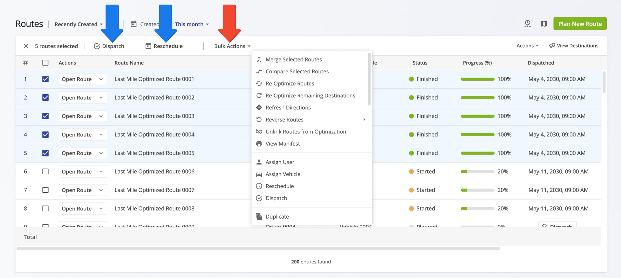 Use bulk actions to manage multiple routes at the same time from the Routes List.