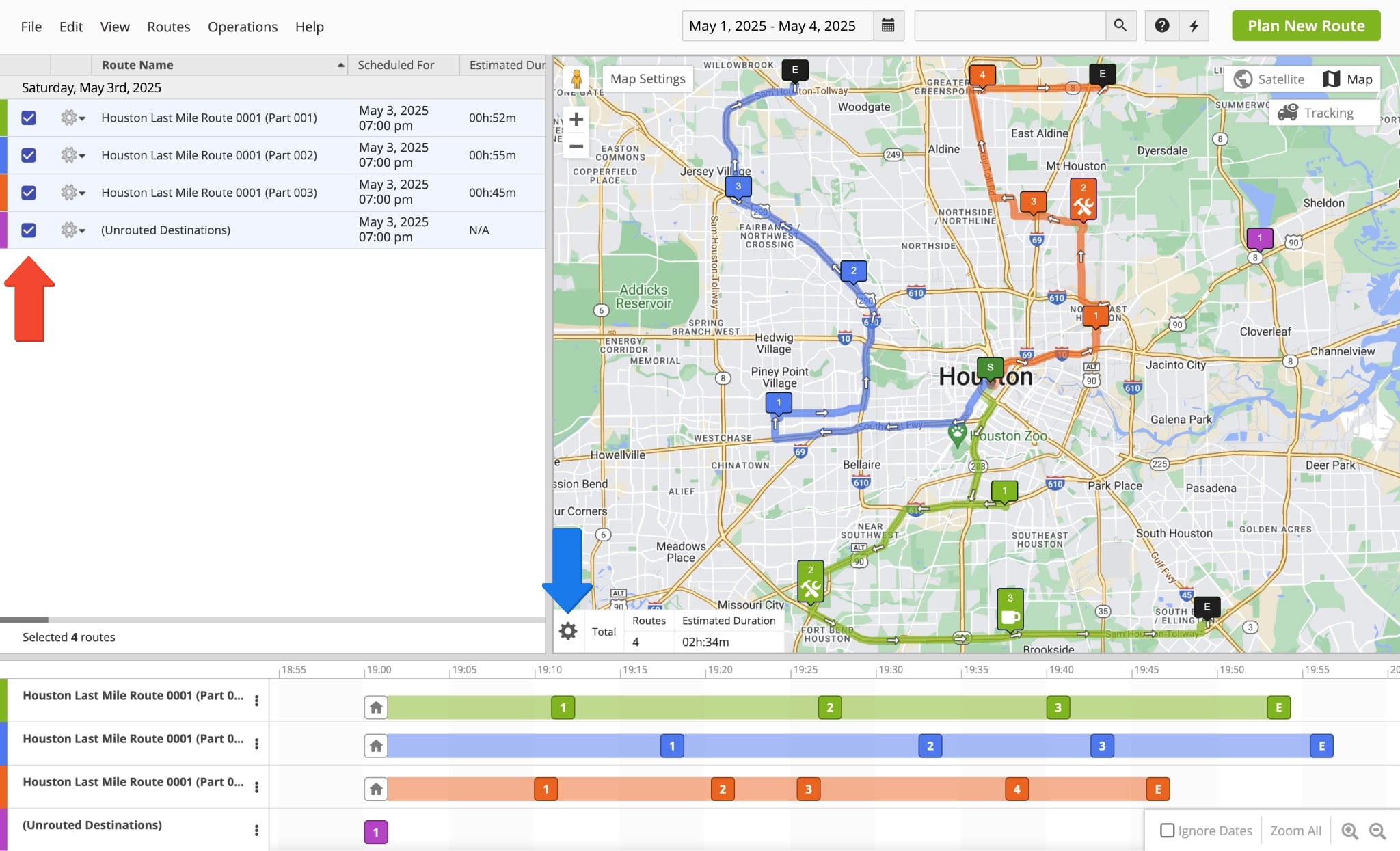 When you plan multiple routes with the Max Duration Business Rule, they are automatically opened in the Routes Map.