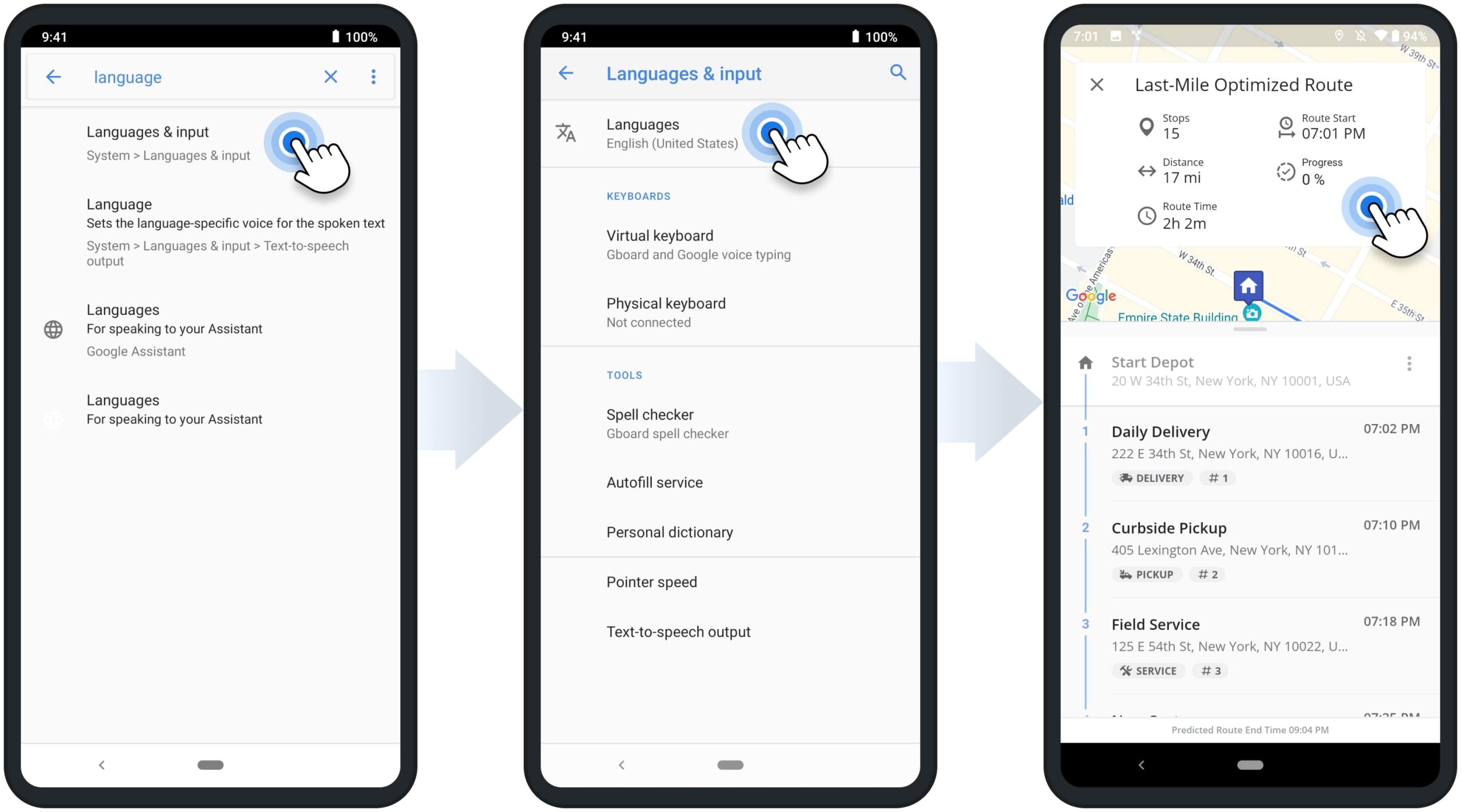 Language settings on Route4Me's Android Route Planner app are automatically set based on the device language.