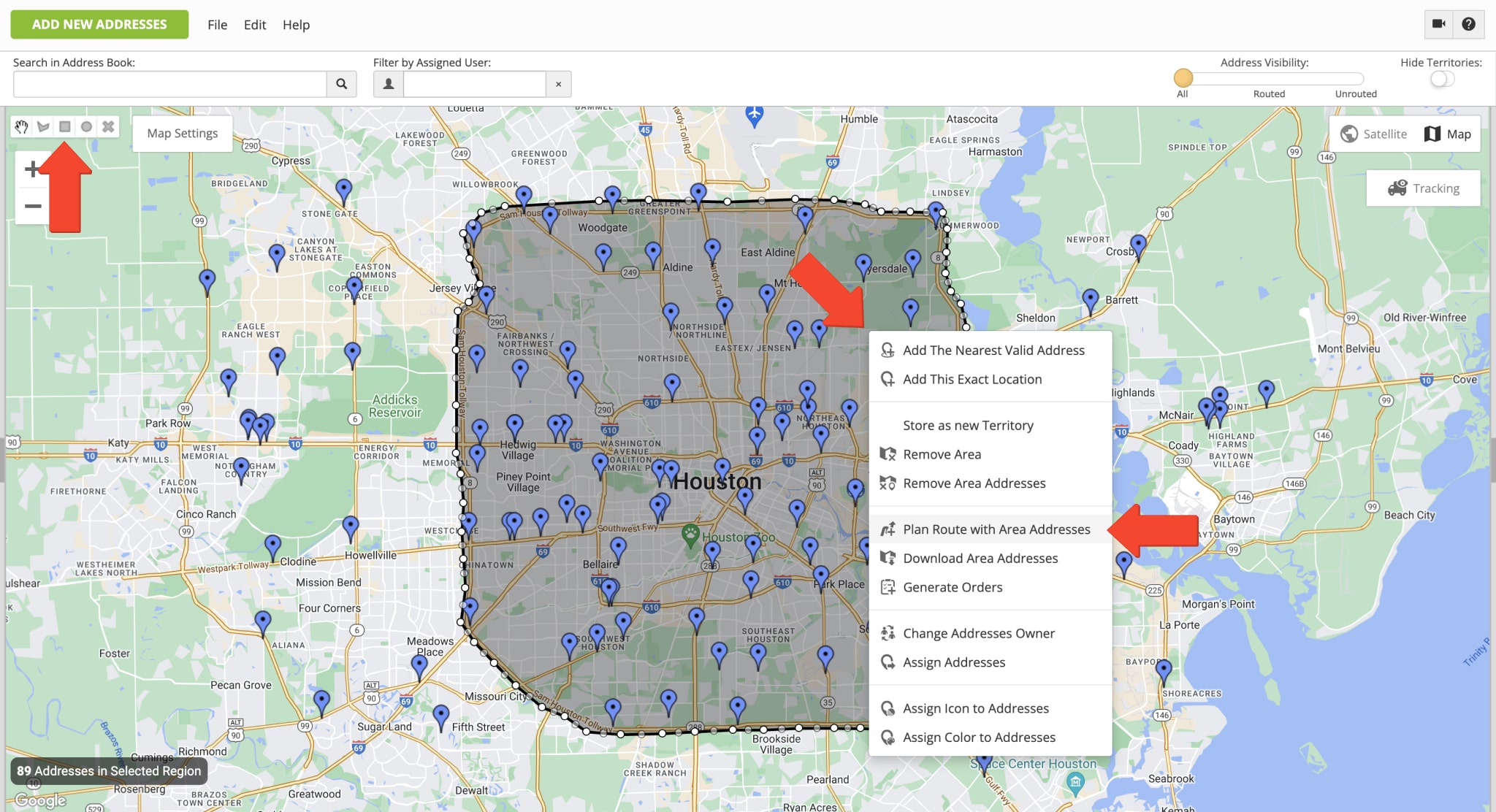 Select addresses on the interactive map to plan and optimize last mile routes for delivery, field service, sales, etc.