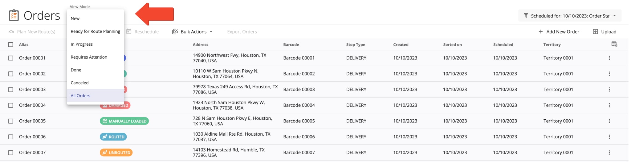 Orders View Mode groups orders by statuses corresponding to their respective stages in Route4Me's Delivery Management Order Lifecycle.