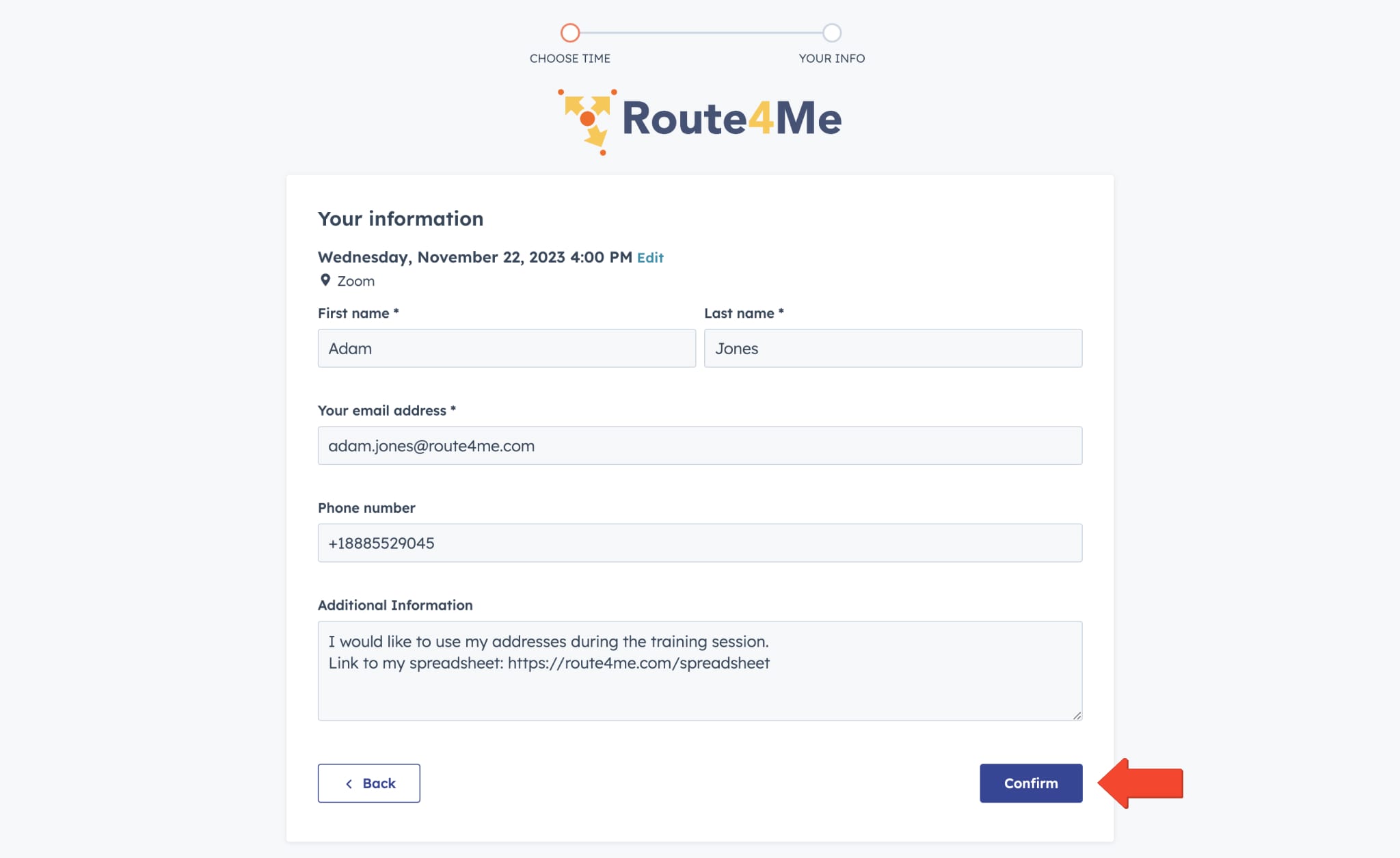 Provide your name and contact details (phone and email address) and add additional notes for the onboarding training, including a link to a spreadsheet with addresses.