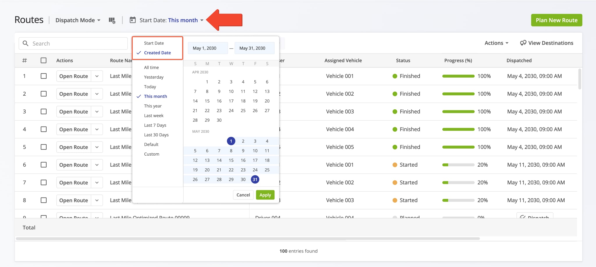 You can use Created Date, Start Date, and time frames to filter routes in Dispatch Mode and Recently Created mode.