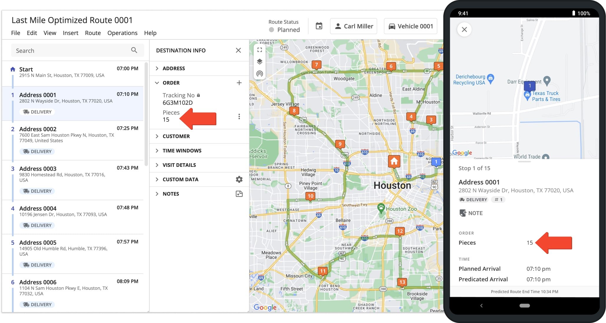 Changes made to routes or route destinations, such as modifying the Pieces Business Rule for an address are automatically synched to the connected devices of all respective users associated with the route or main Route4Me account.