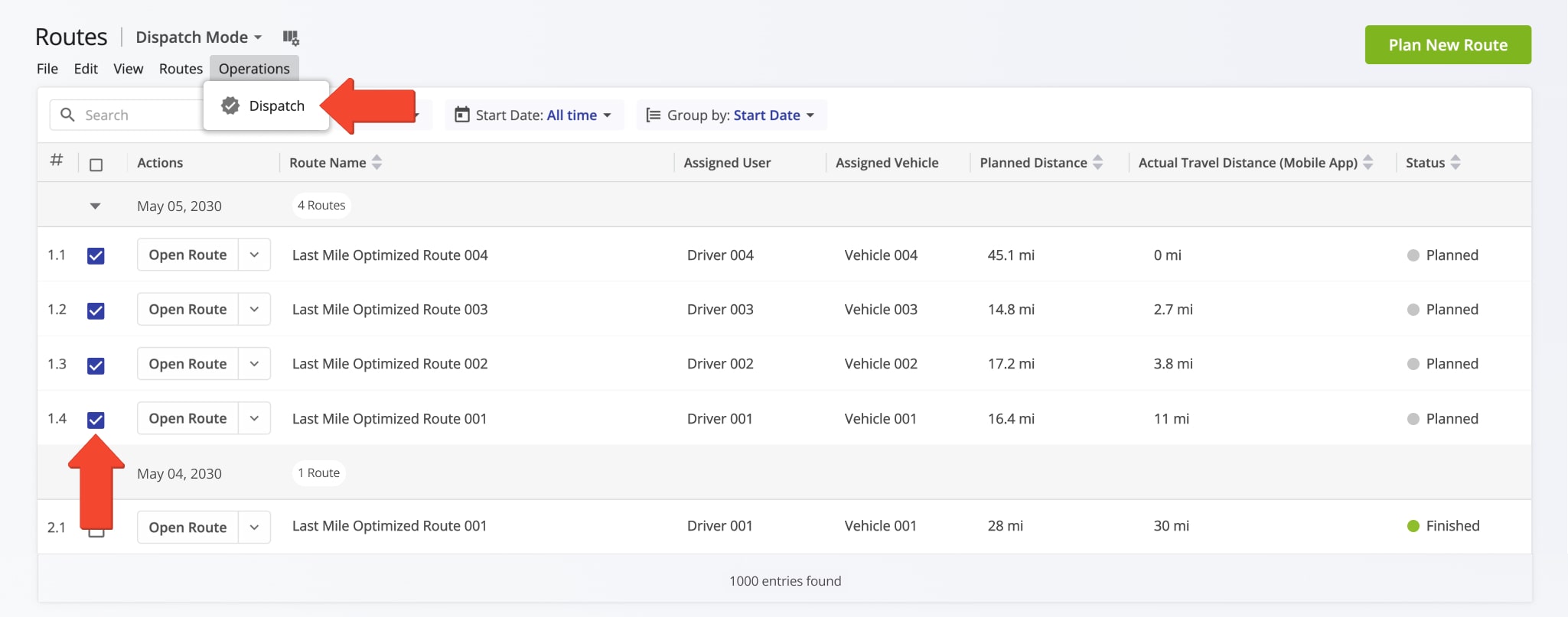 Dispatch routes to customers to send automatic notifications about order status directly from your Route4Me Routes List.